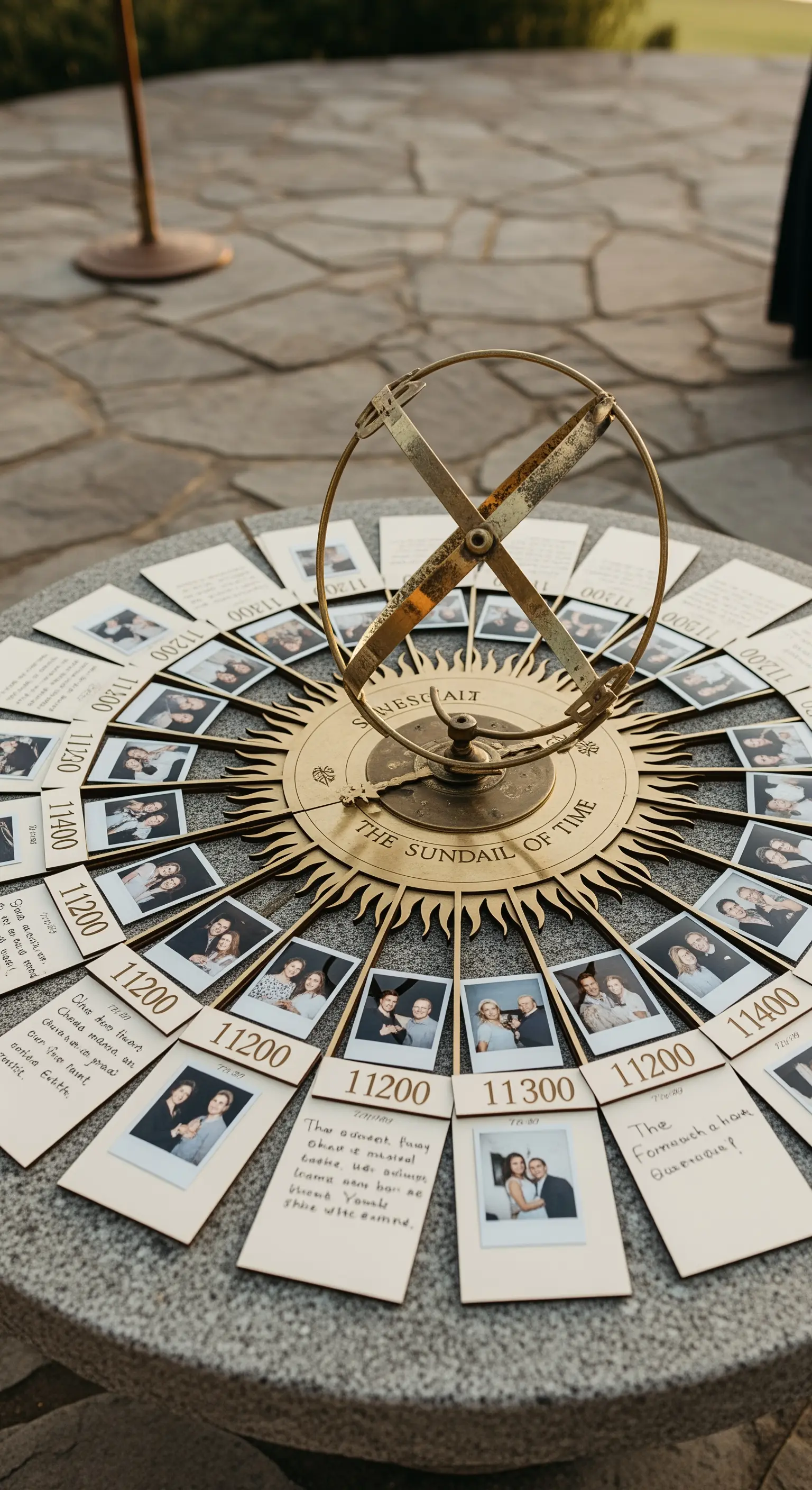 Meridiana in ottone al centro di un tavolo, circondata da polaroid e messaggi disposti a raggiera.