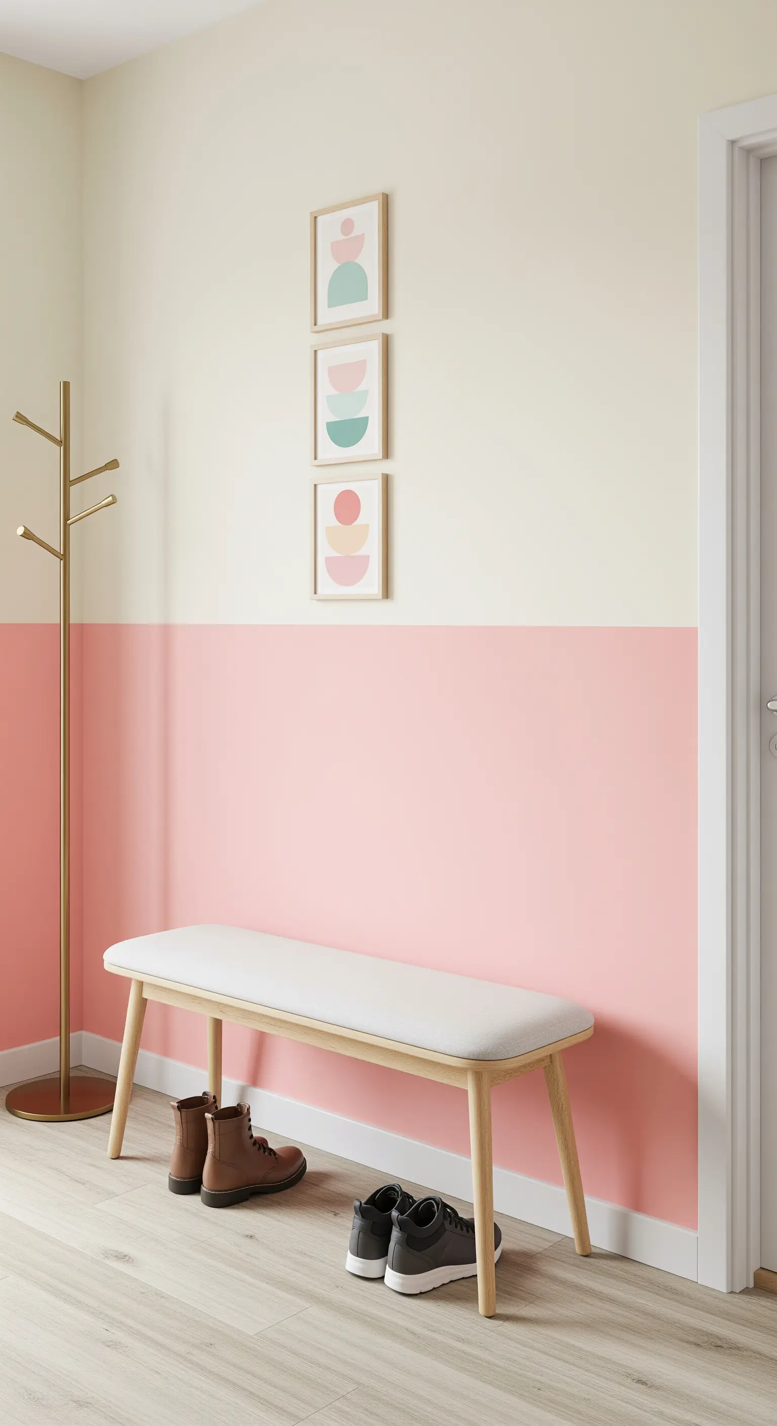 Parete bicolore con la metà inferiore rosa e quella superiore bianco crema.