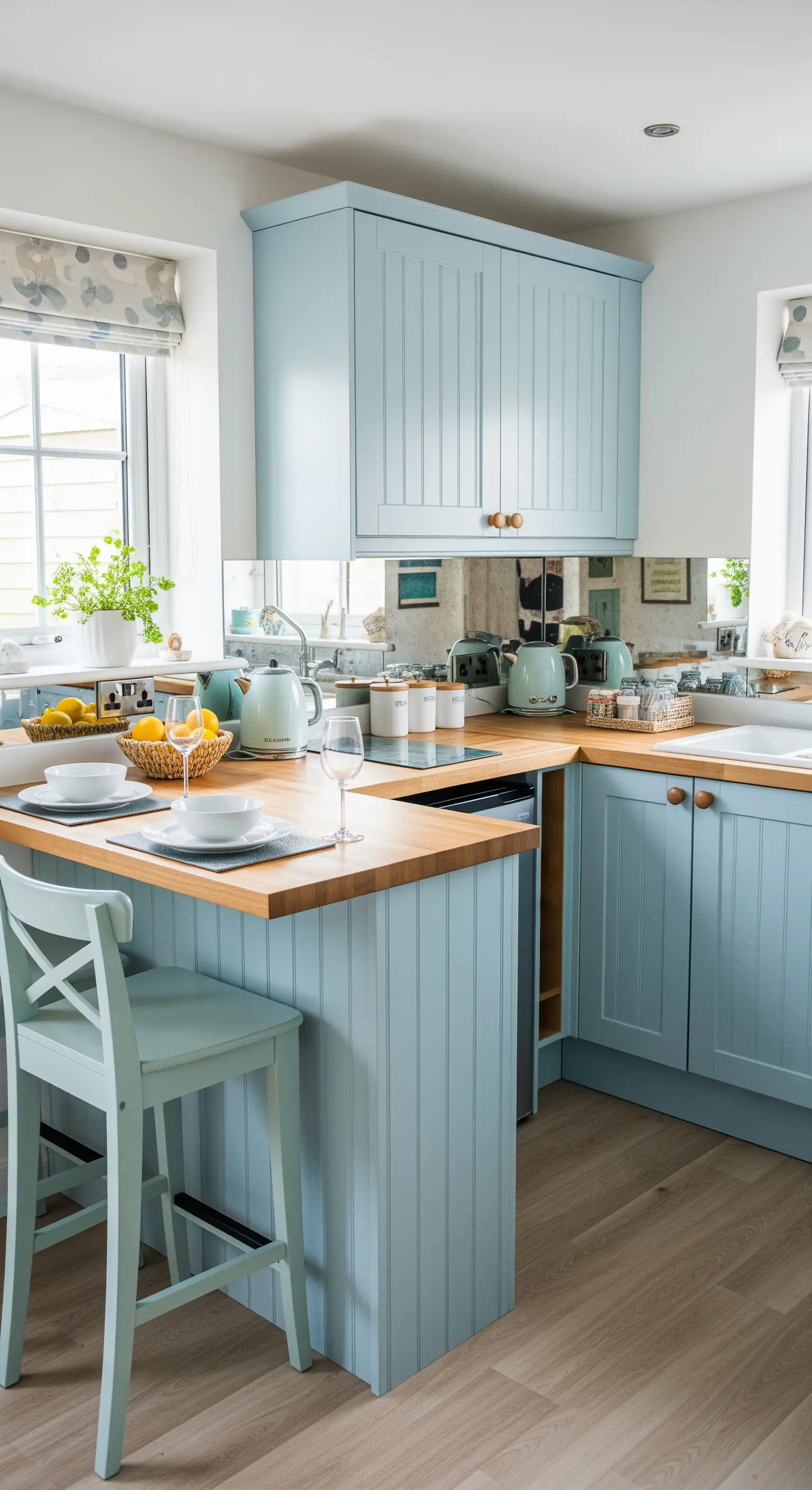 Cucina azzurro polvere con una piccola penisola usata come bancone per la colazione.