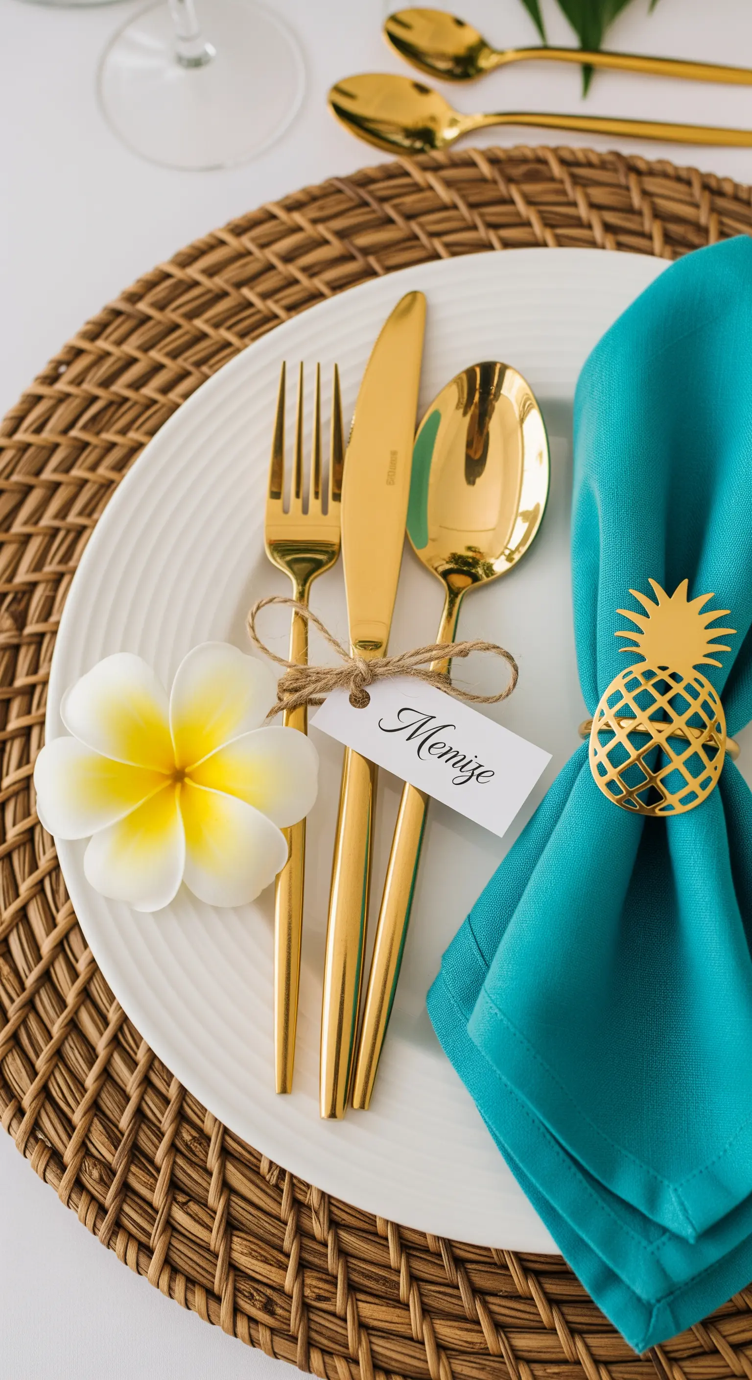 Coperto a tema tropicale con posate dorate, tovagliolo turchese e sottopiatto in rattan.