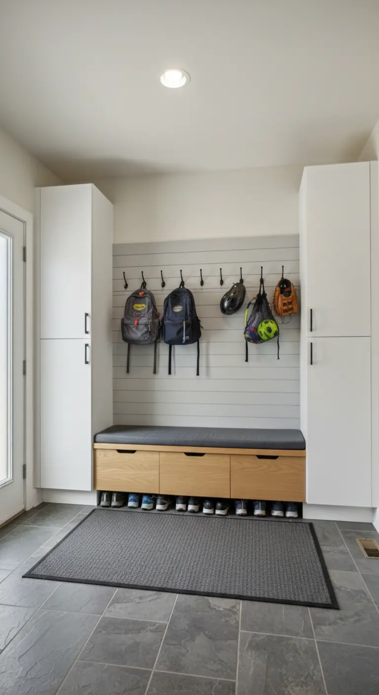 Panca contenitore in legno inserita tra due armadiature bianche a tutta altezza.