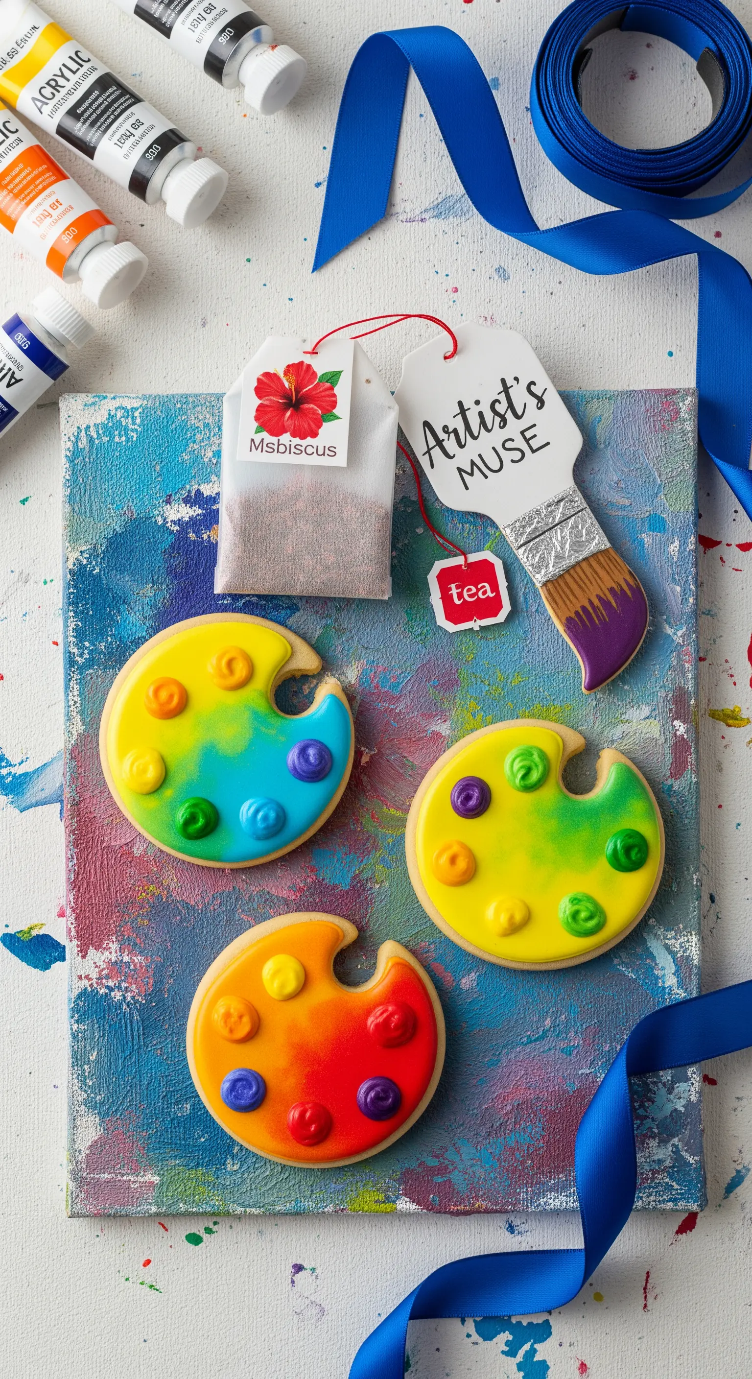 Biscotti a forma di tavolozza da pittore e una bustina di tè a tema artistico su una tela.