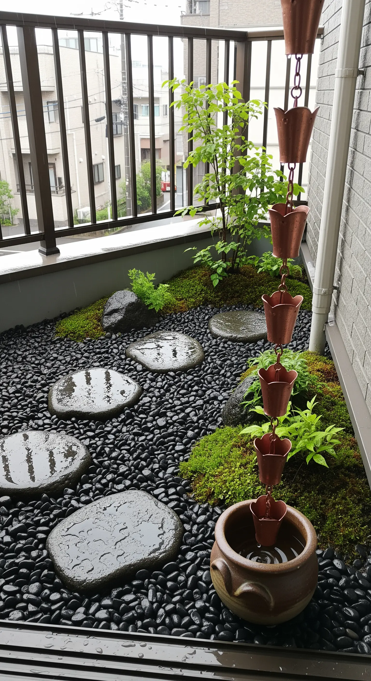Giardino su balcone con ciottoli neri, muschio e una catena della pioggia in rame.