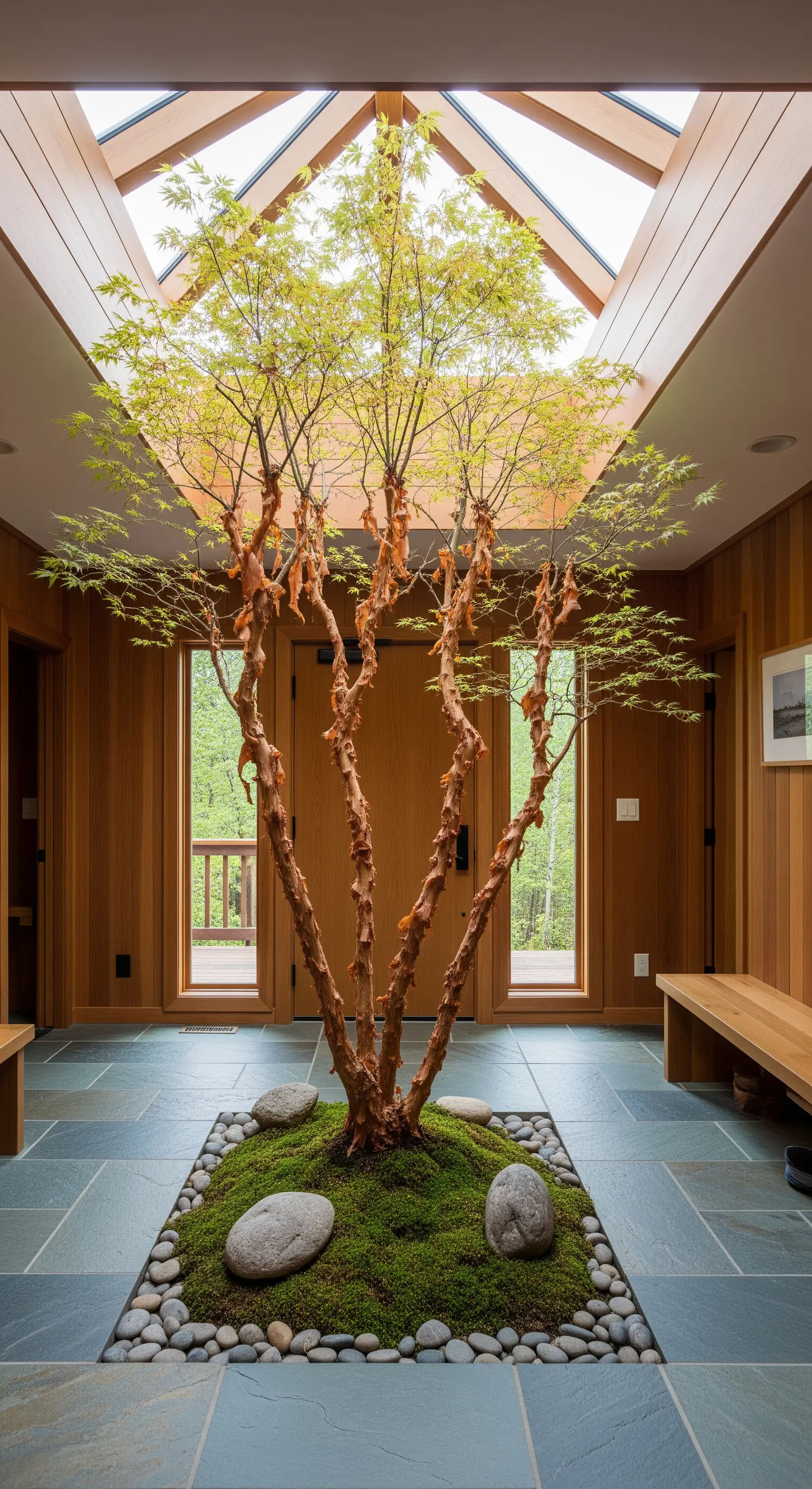 Albero di acero con corteccia particolare che cresce al centro di un ingresso con pavimento in ardesia.