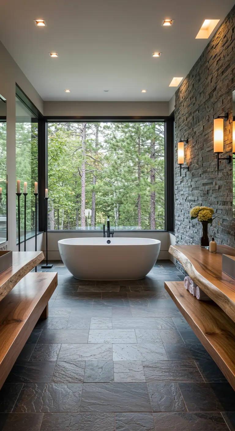 Bagno con grande finestra sulla foresta, vasca bianca e piani in legno massello.