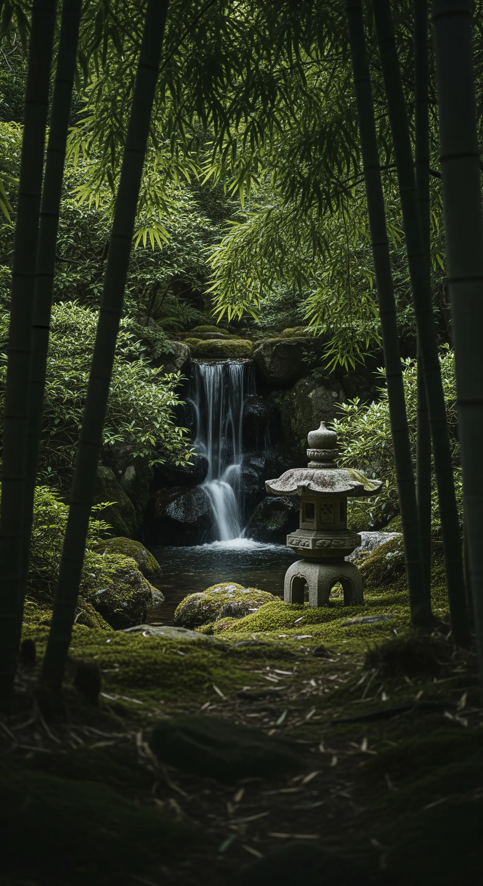 Vista di una cascata e una lanterna di pietra attraverso una fitta vegetazione di bambù.