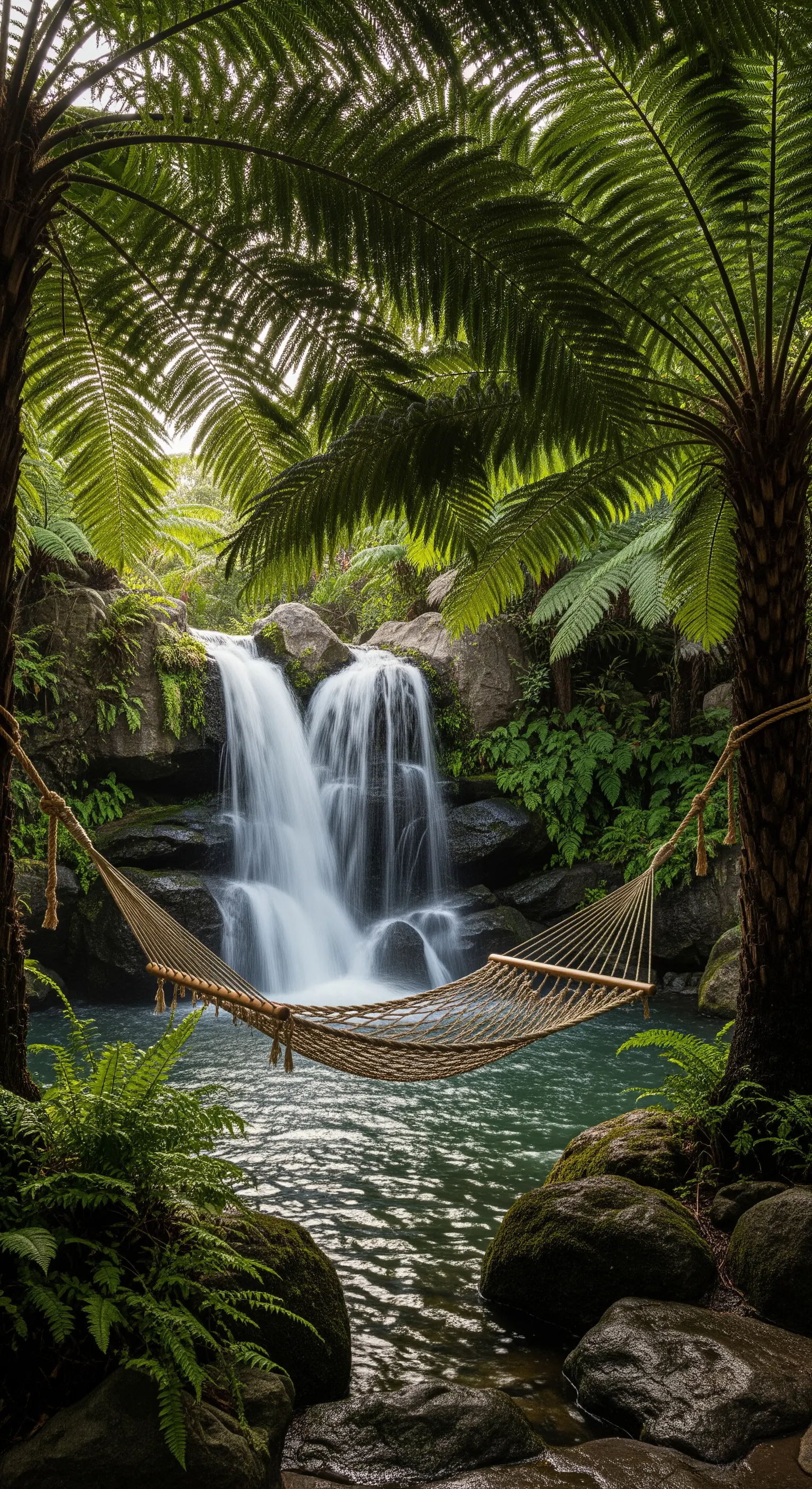 Amaca in corda sospesa tra due felci arboree di fronte a una cascata naturale.