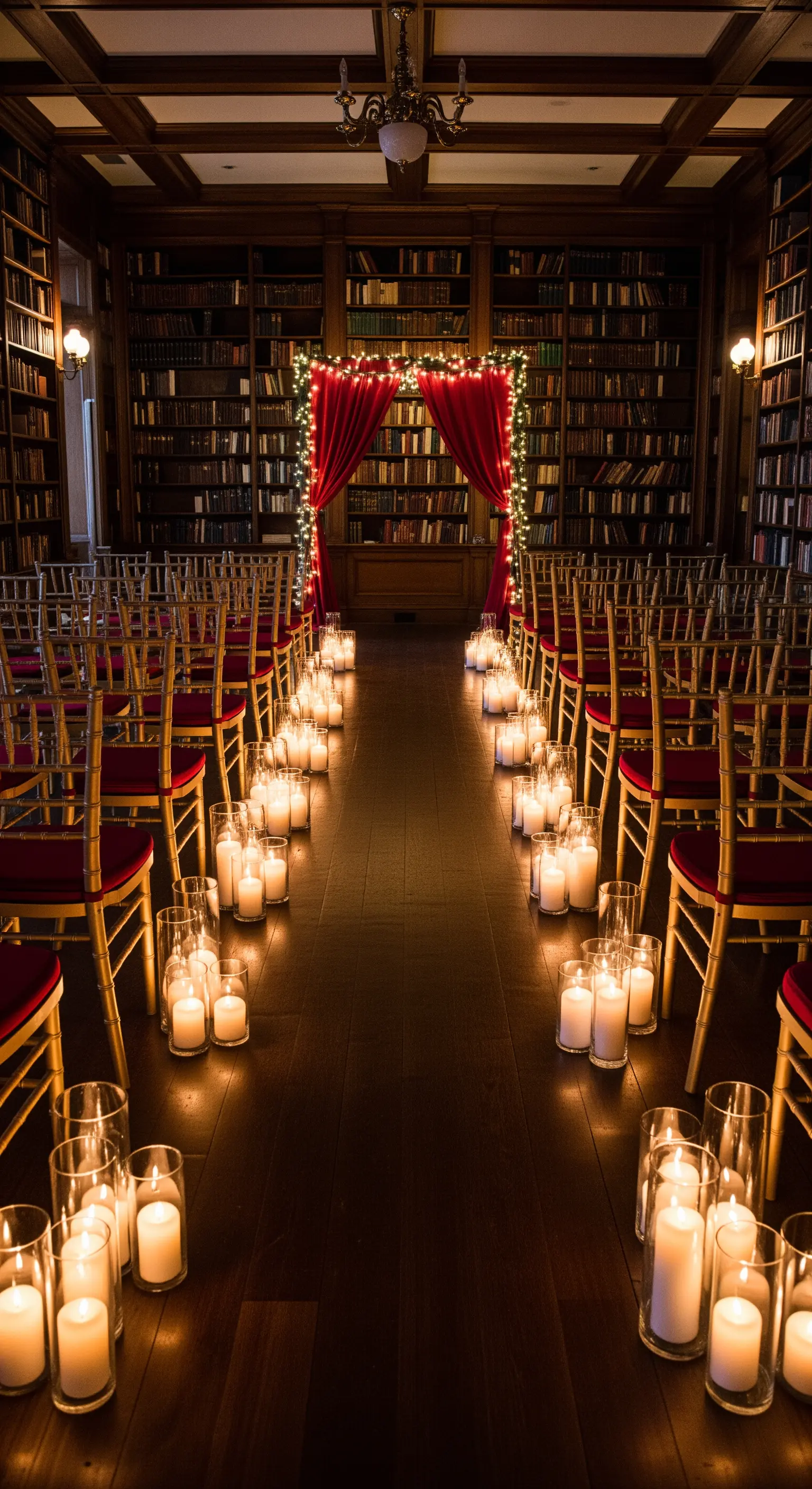 Navata di una cerimonia nuziale in una biblioteca, illuminata da centinaia di candele a terra.