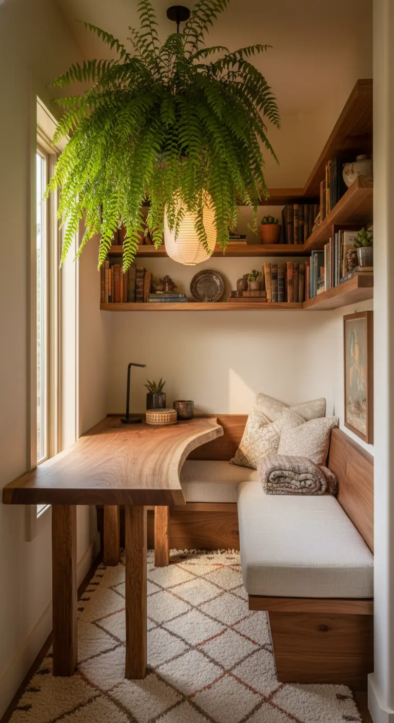 Angolo studio in una nicchia con scrivania curva in legno, panca e una grande felce sospesa.