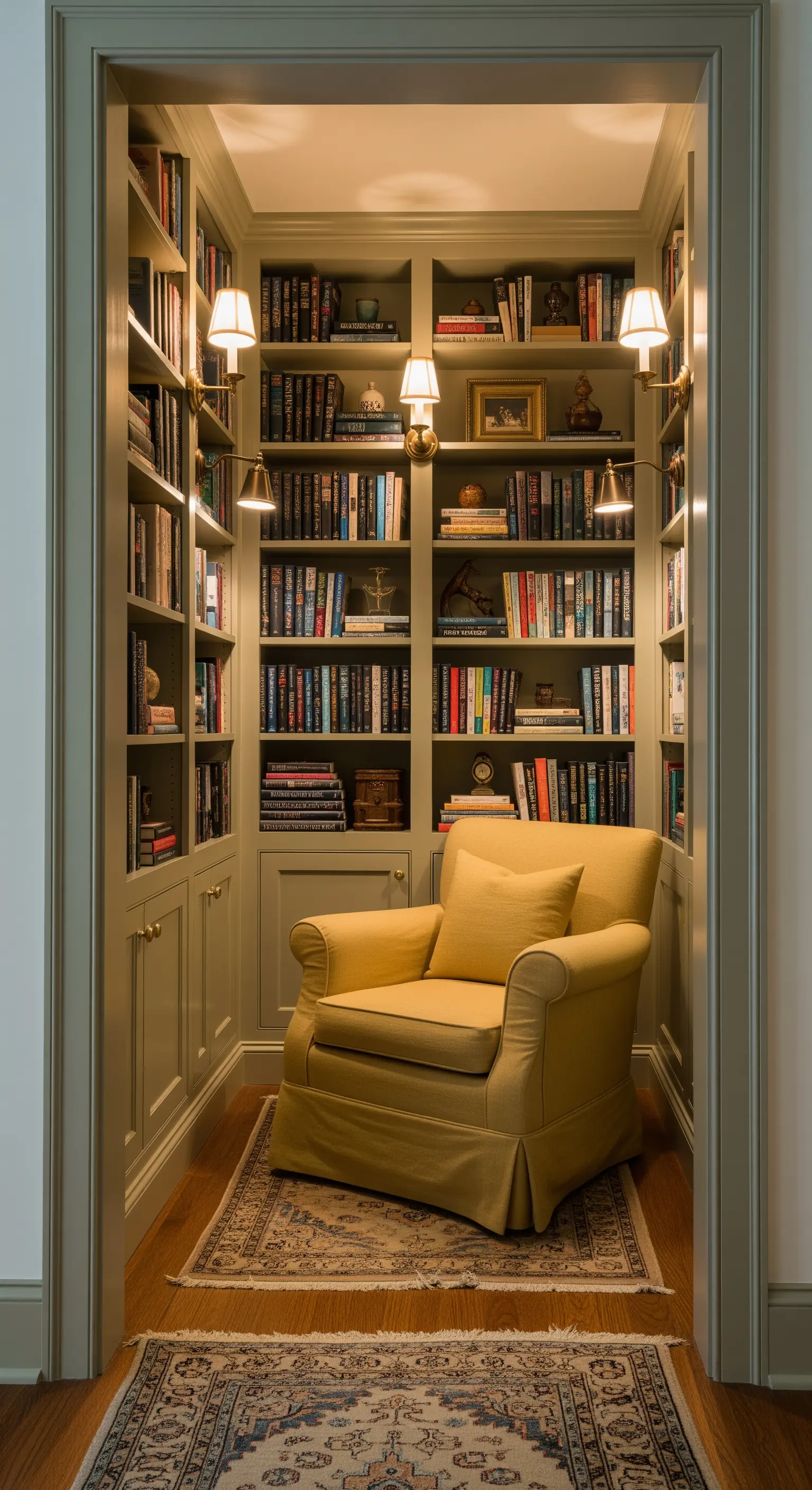 Angolo lettura in una nicchia con librerie verde salvia e una comoda poltrona senape.