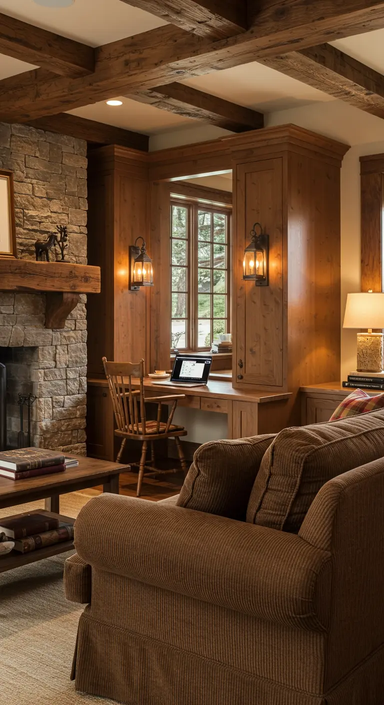 Scrivania in legno costruita all'interno di una nicchia in una stanza rustica.