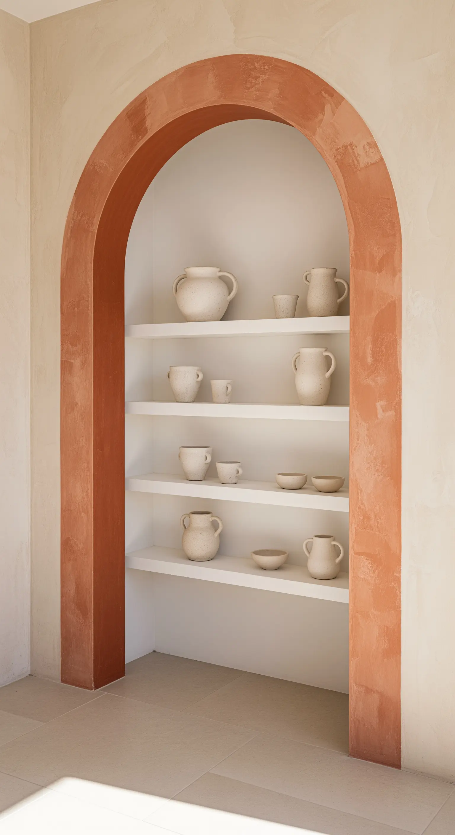 Nicchia ad arco con mensole bianche e cornice color terracotta che espone ceramiche.