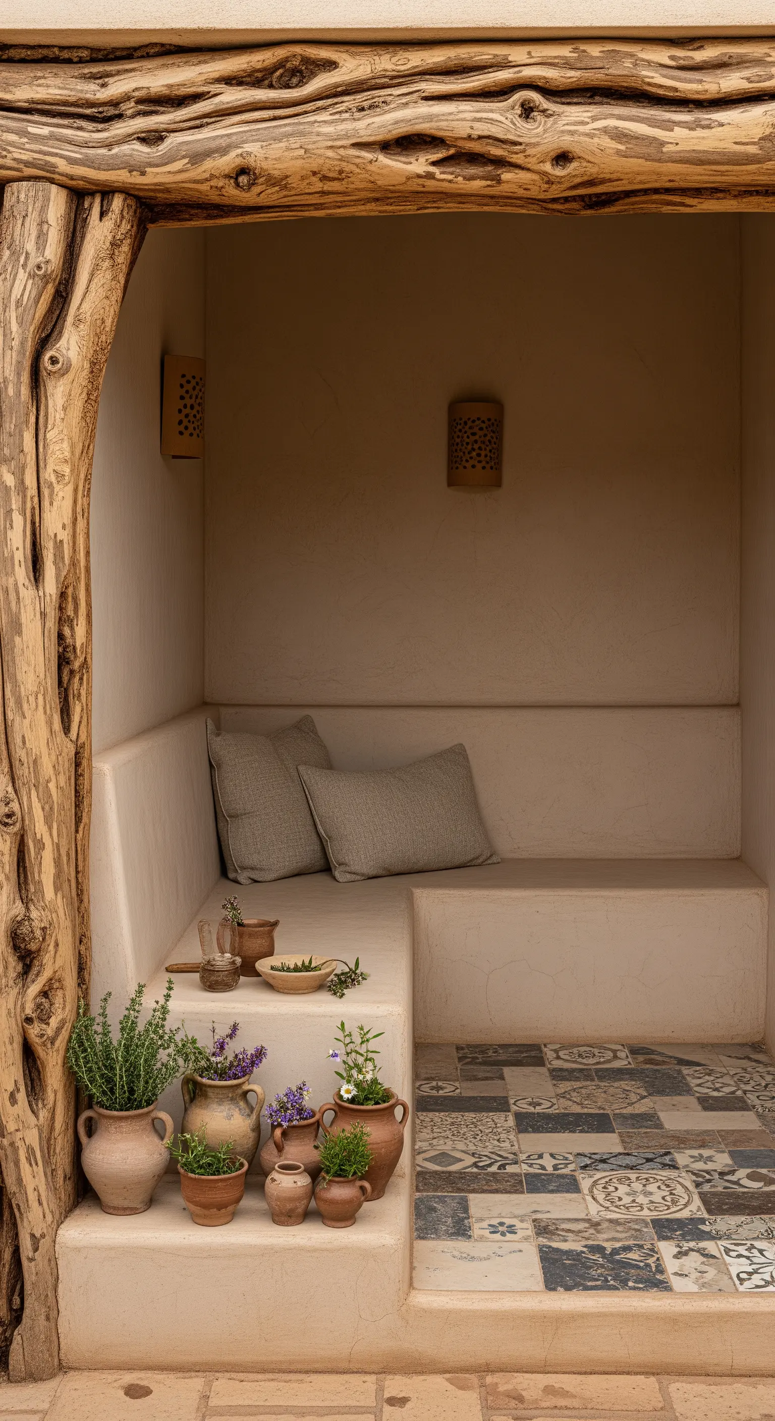 Nicchia con seduta in muratura, cuscini, piastrelle decorate a terra e vasi di erbe aromatiche.
