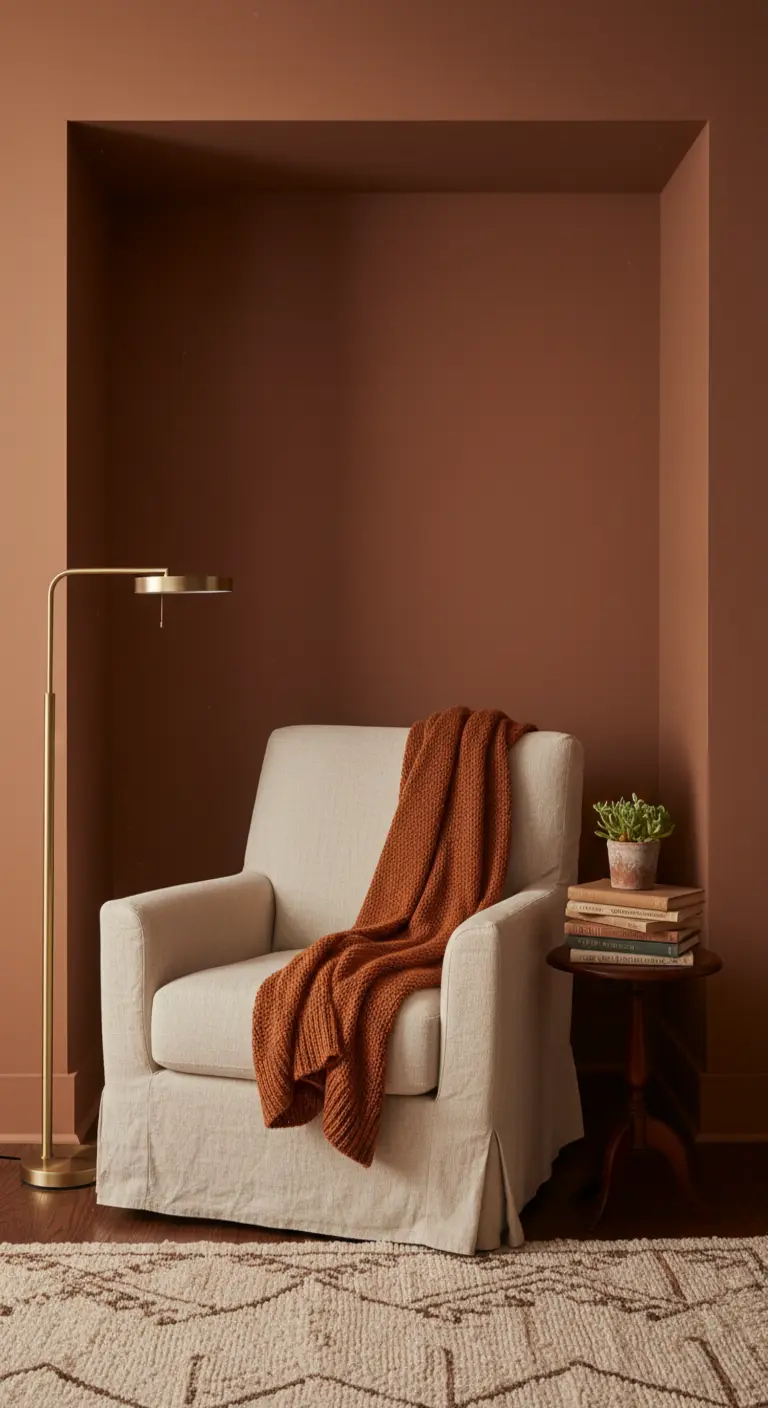 Poltrona color crema in una nicchia color terracotta con lampada da terra in ottone e plaid a maglia.