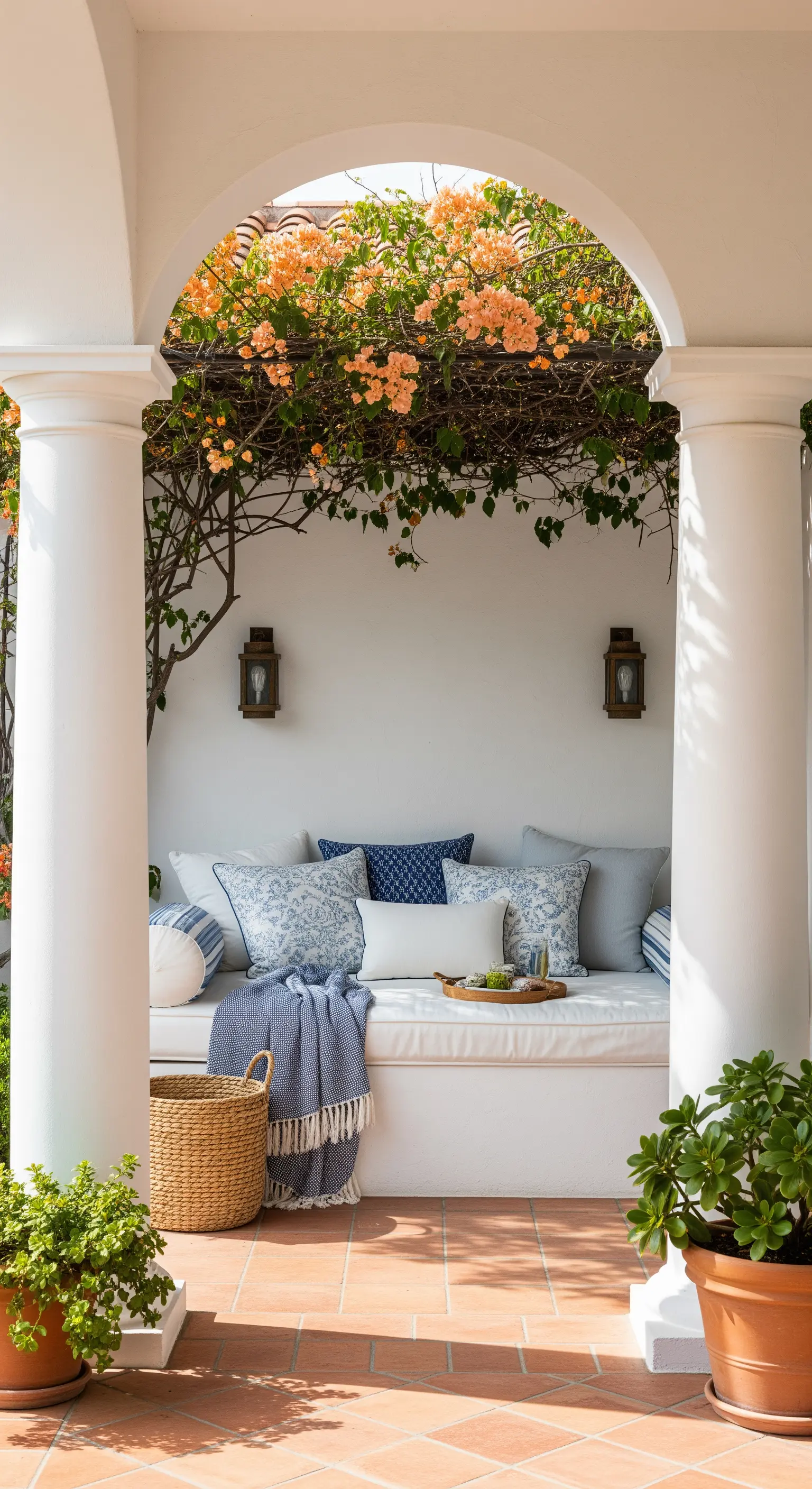 Nicchia ad arco con divano in muratura, cuscini blu e bianchi e piante in vaso