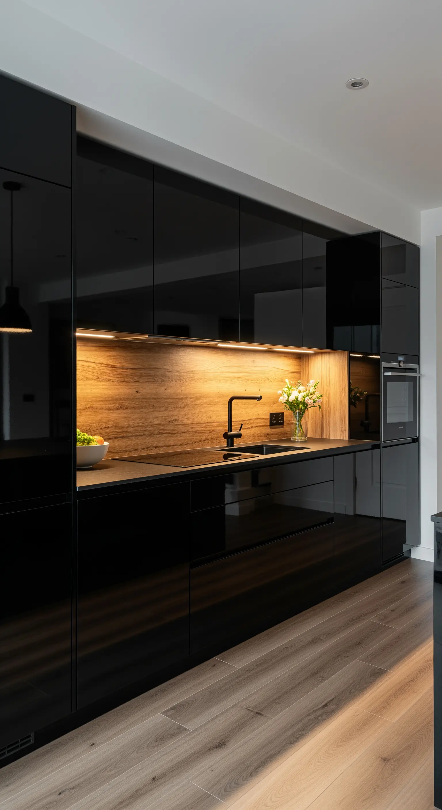 Cucina con mobili neri lucidi e una nicchia operativa retroilluminata interamente rivestita in legno.