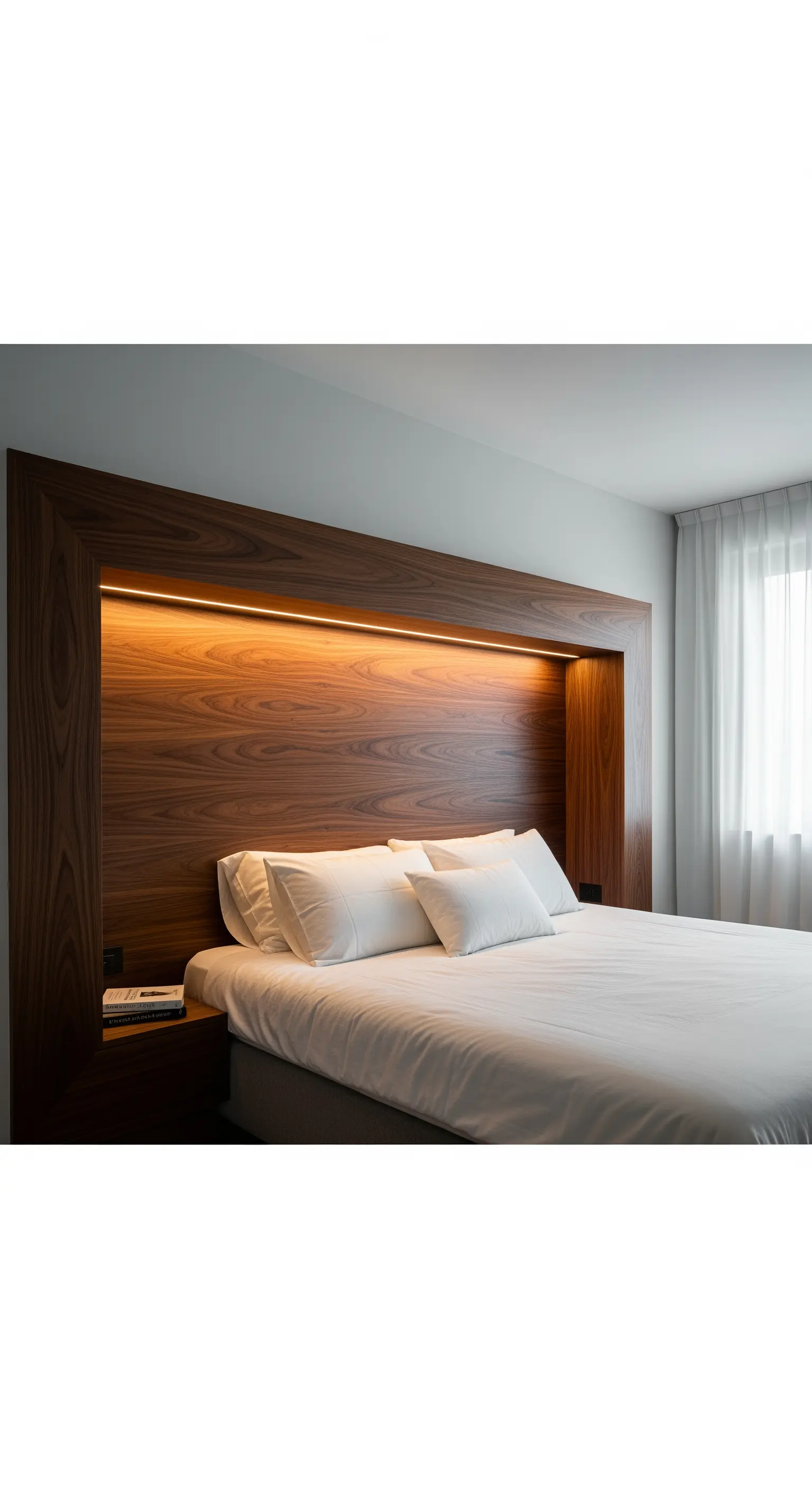 Testiera a nicchia in legno di noce con illuminazione a LED integrata nella parte superiore.
