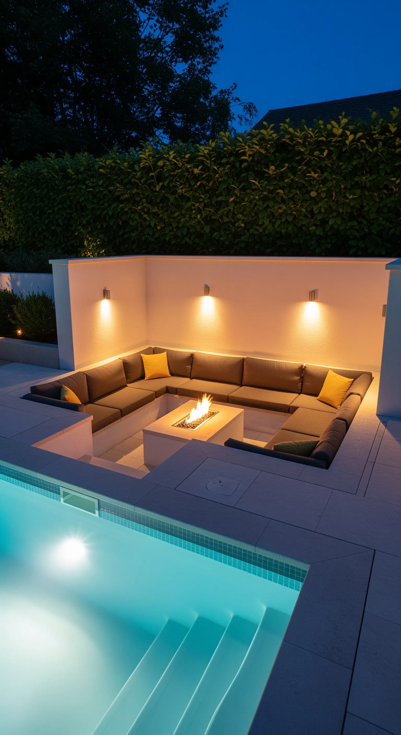 Area conversazione ribassata con braciere centrale accanto a una piscina, illuminata da applique a parete.