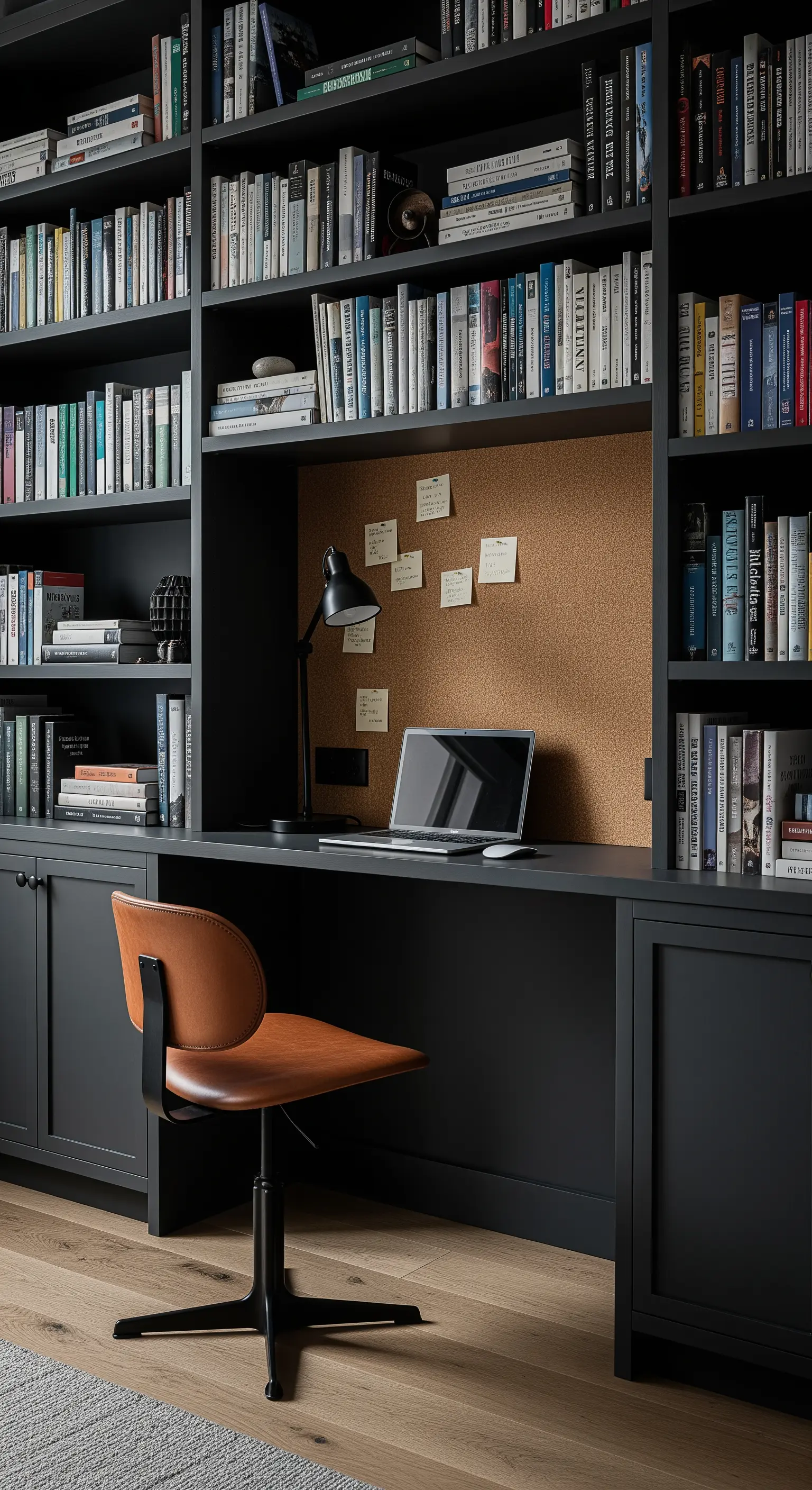 Scrivania integrata in una grande libreria grigio scuro, con pannello in sughero e sedia in cuoio.