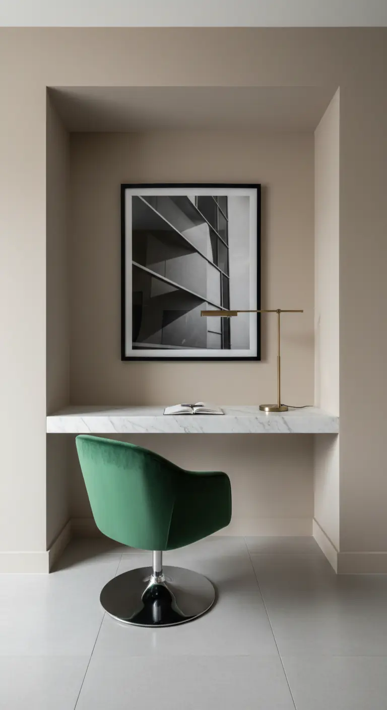 Scrivania minimale in una nicchia color tortora con sedia girevole in velluto verde.