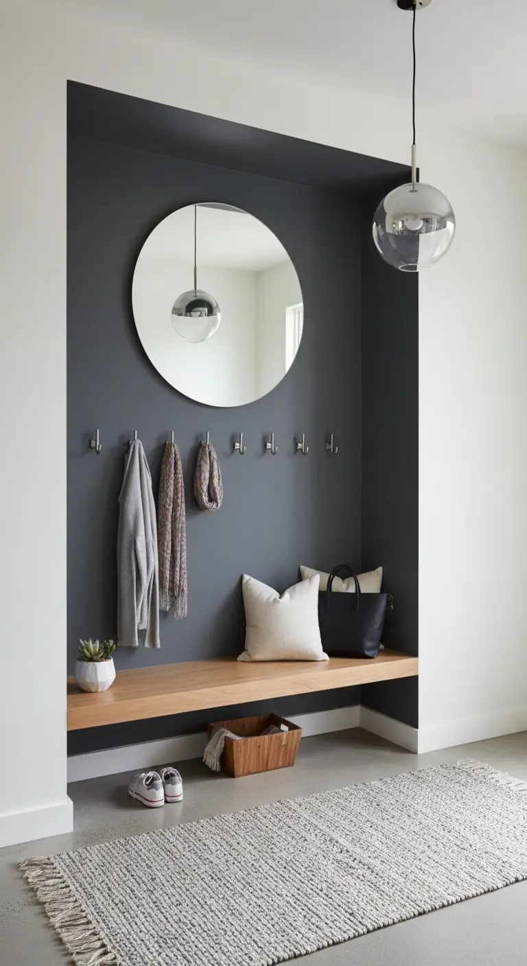 Nicchia dipinta di grigio scuro con panca sospesa in legno e specchio rotondo.