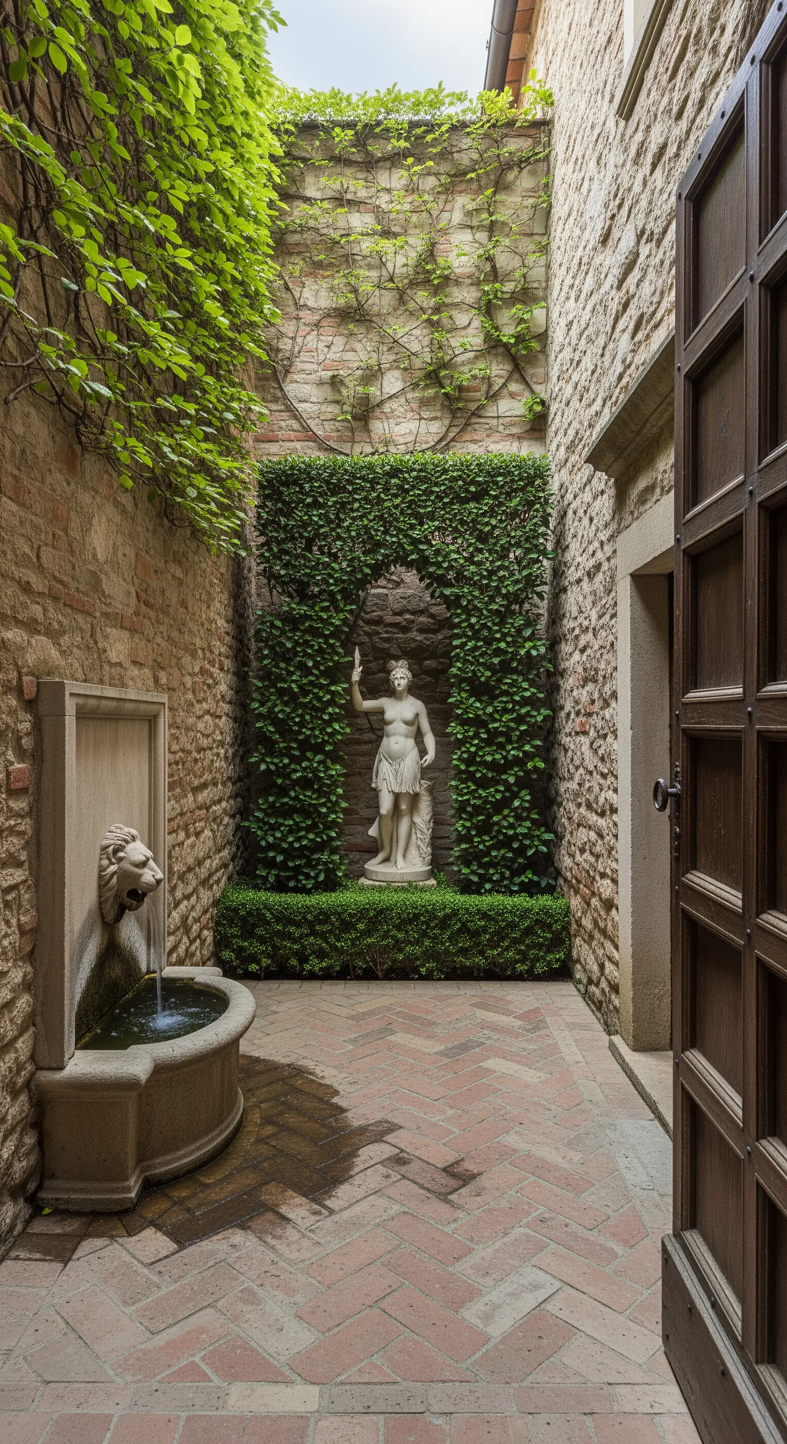 Stretto patio in mattoni con statua in una nicchia di edera e una fontana a forma di leone.