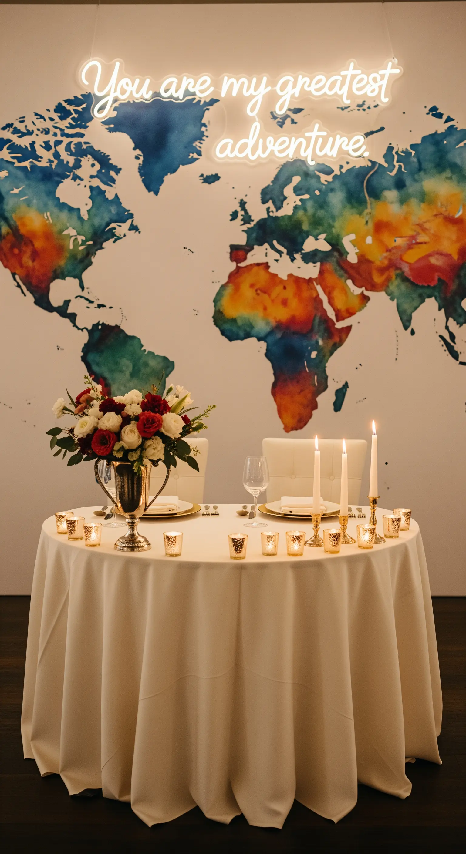 Tavolo degli sposi con sfondo di mappa del mondo colorata e scritta al neon romantica.