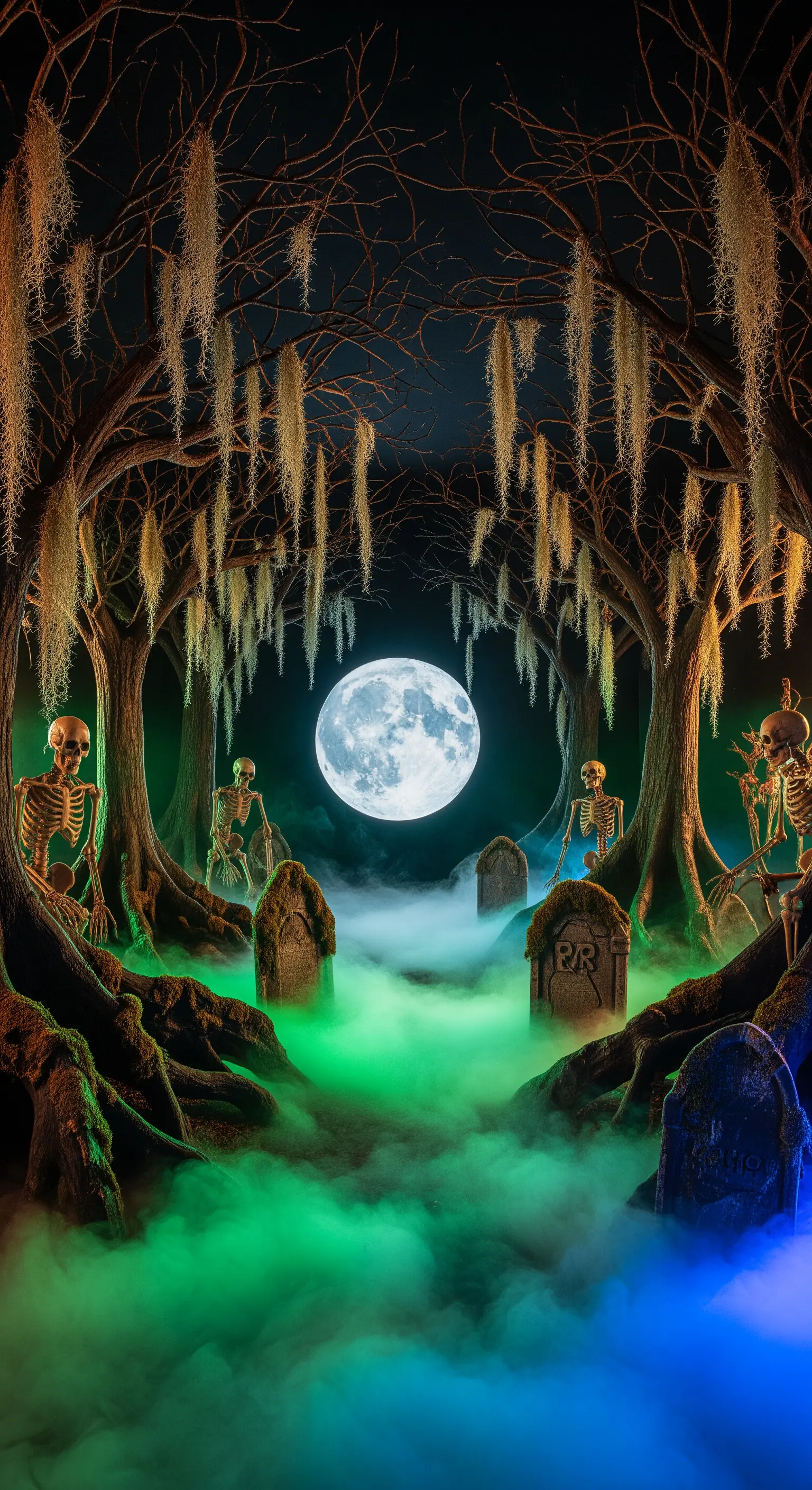Scheletri in una foresta nebbiosa con luci verdi e blu e una luna piena sullo sfondo.