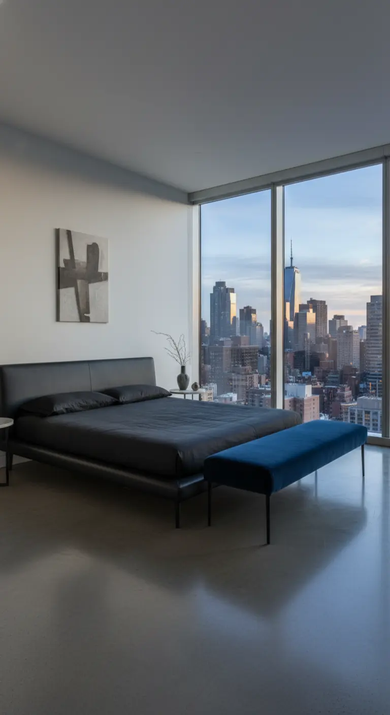 Panca in velluto blu notte ai piedi di un letto moderno con vista sulla città.