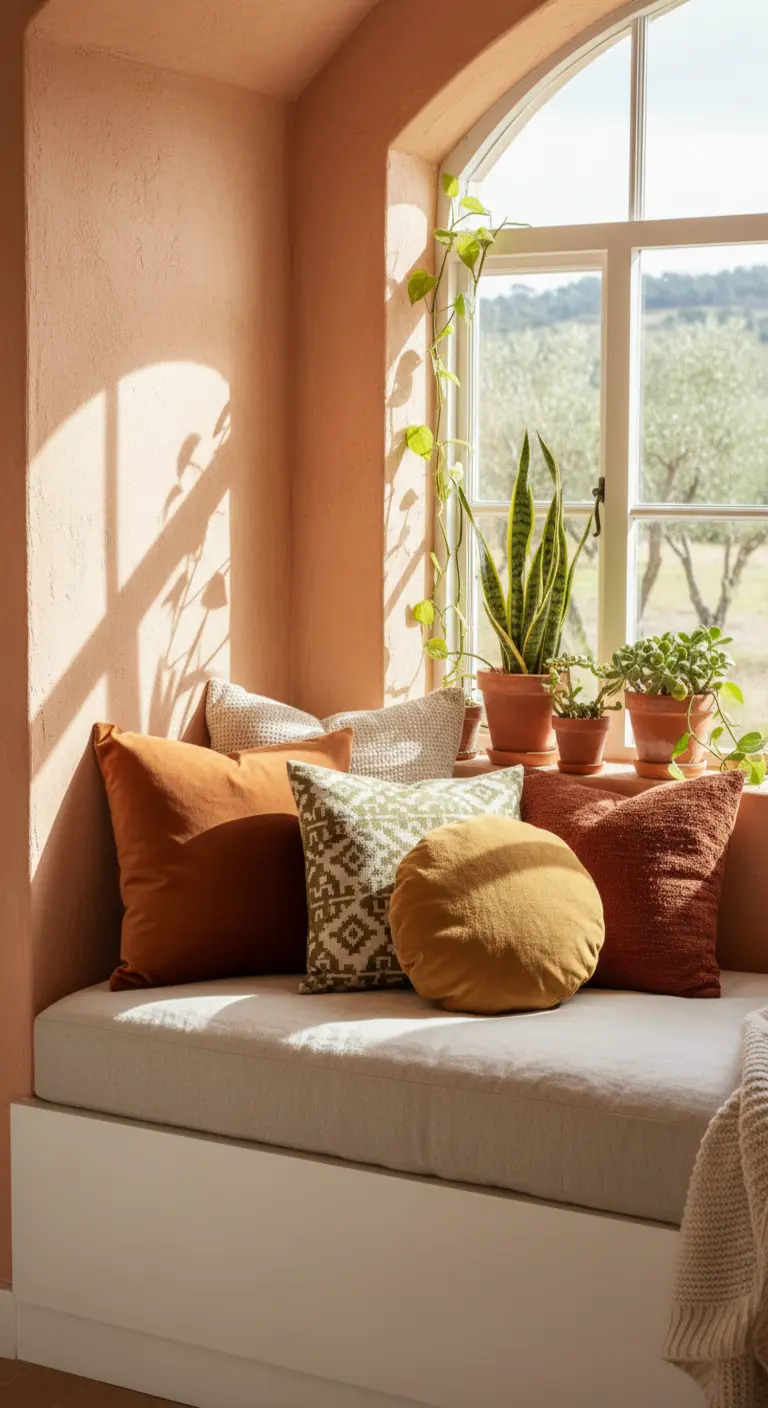 Panca imbottita sotto una finestra ad arco, con cuscini colorati e piante sul davanzale.