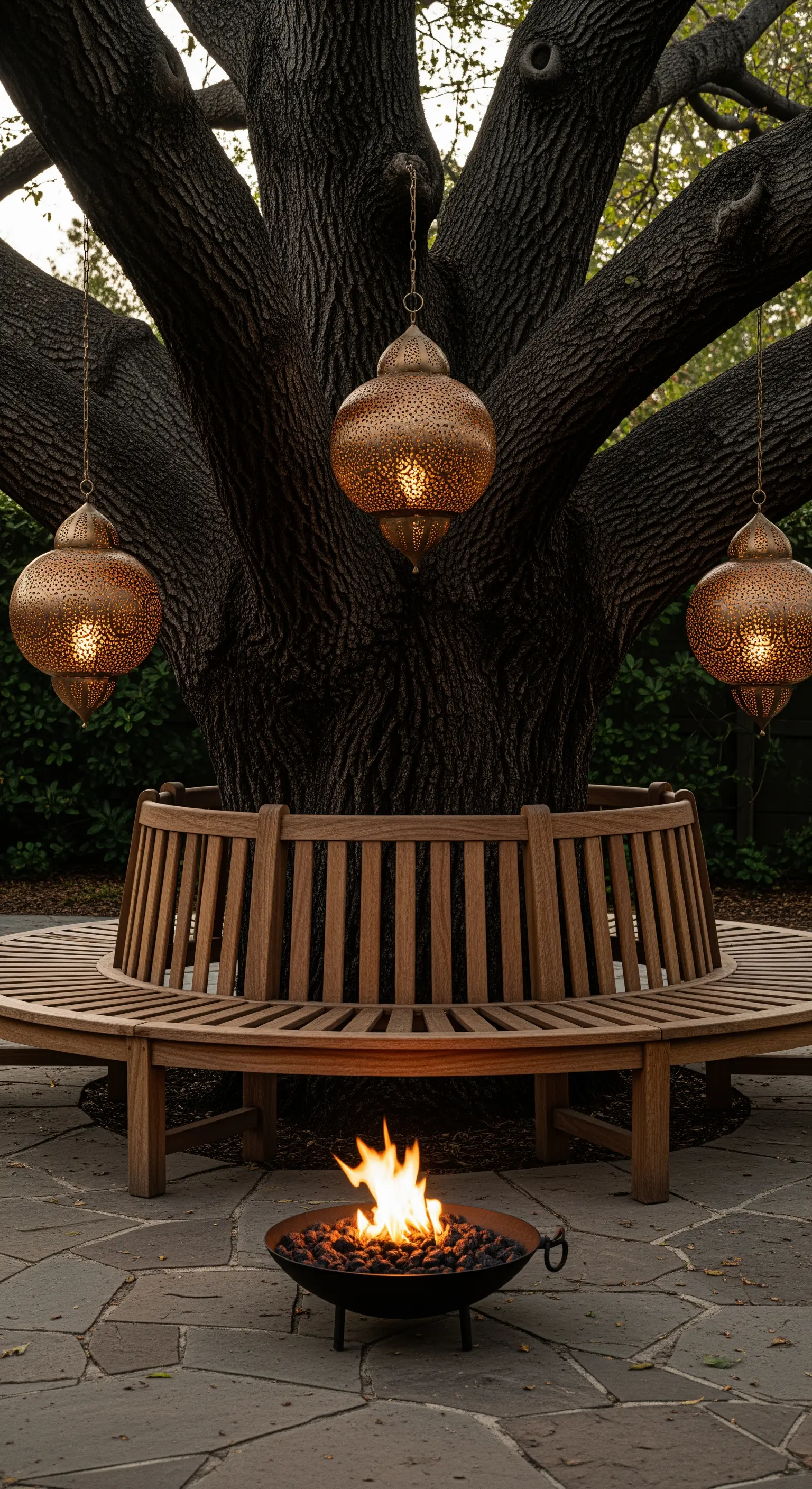 Panca circolare in legno costruita attorno a un grande albero, con lanterne orientali appese.