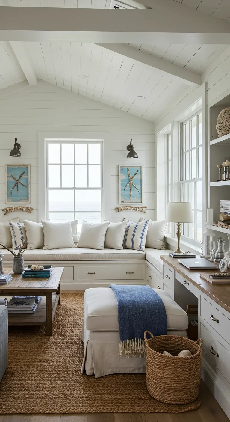 Panca bianca su misura con cassettoni che prosegue diventando una scrivania.