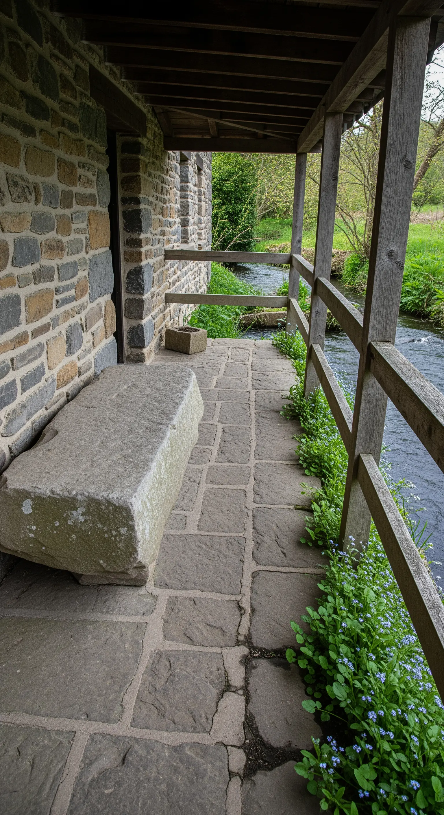 Lungo portico in pietra con una massiccia panca monolitica, affacciato su un fiume.