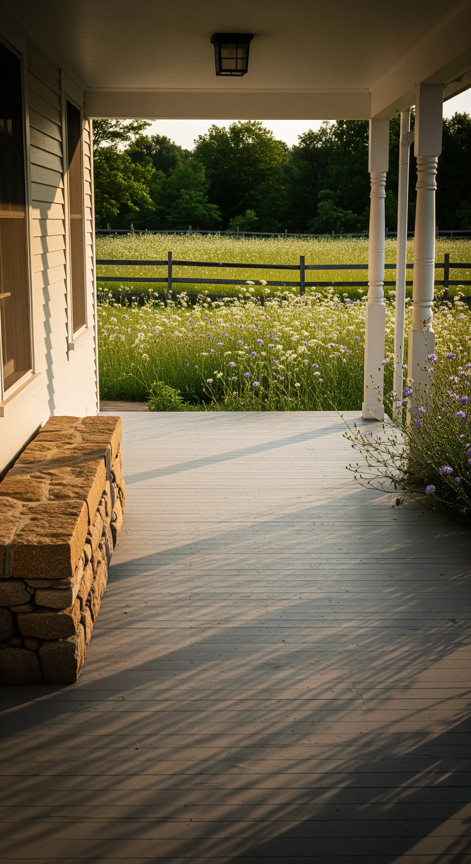 Portico di campagna con panca in pietra a secco affacciata su un prato fiorito.
