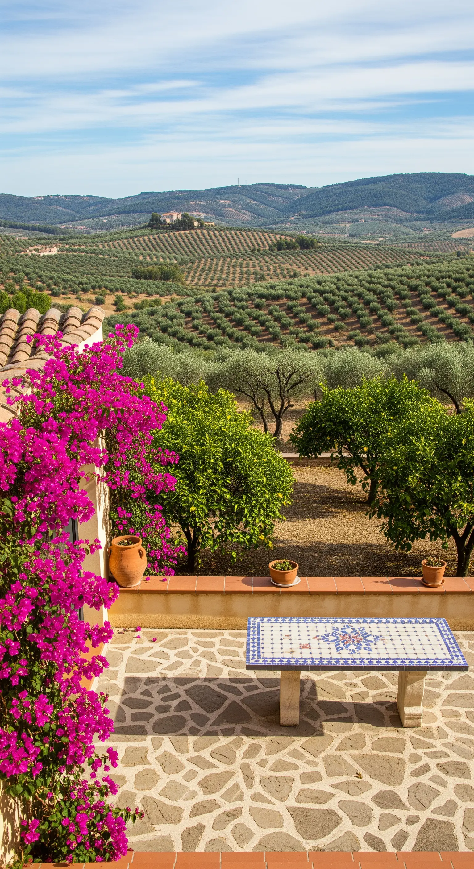 Terrazza con panca in mosaico affacciata su una distesa di uliveti e colline.