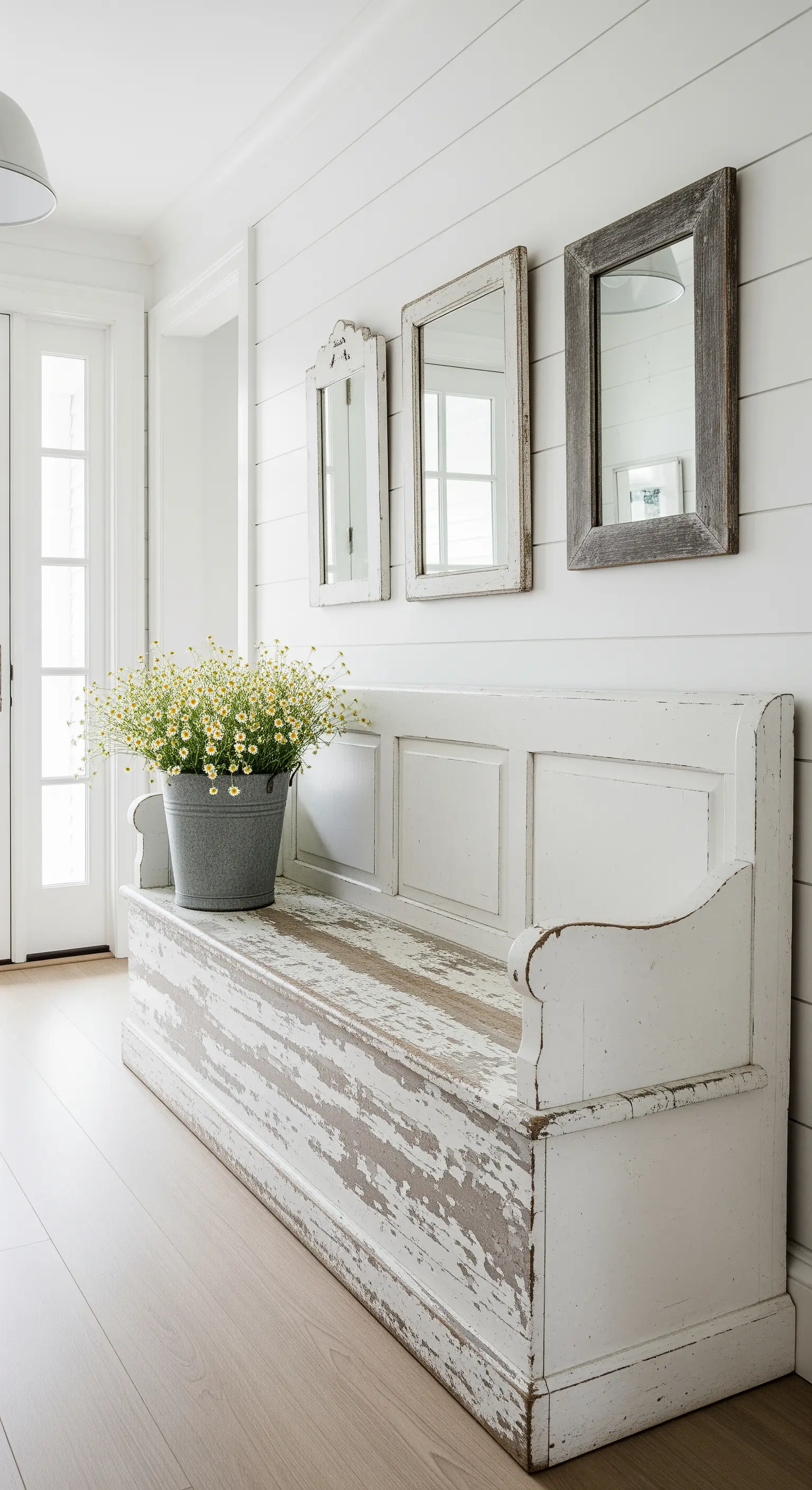 Panca contenitore bianca decapé sotto a tre specchi vintage appesi a una parete a listelli.