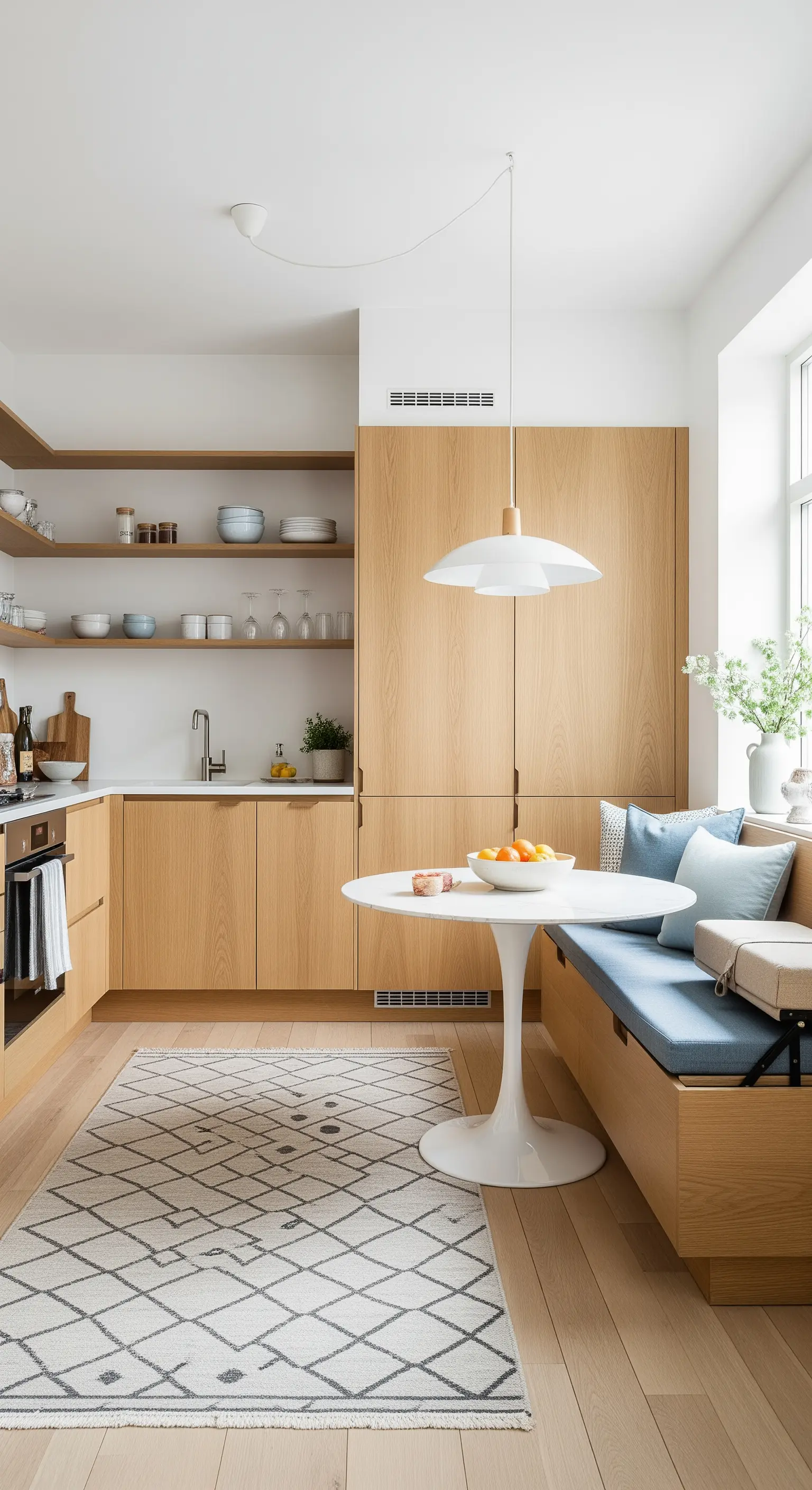 Cucina in legno chiaro con panca ad angolo integrata e tavolo da pranzo rotondo.