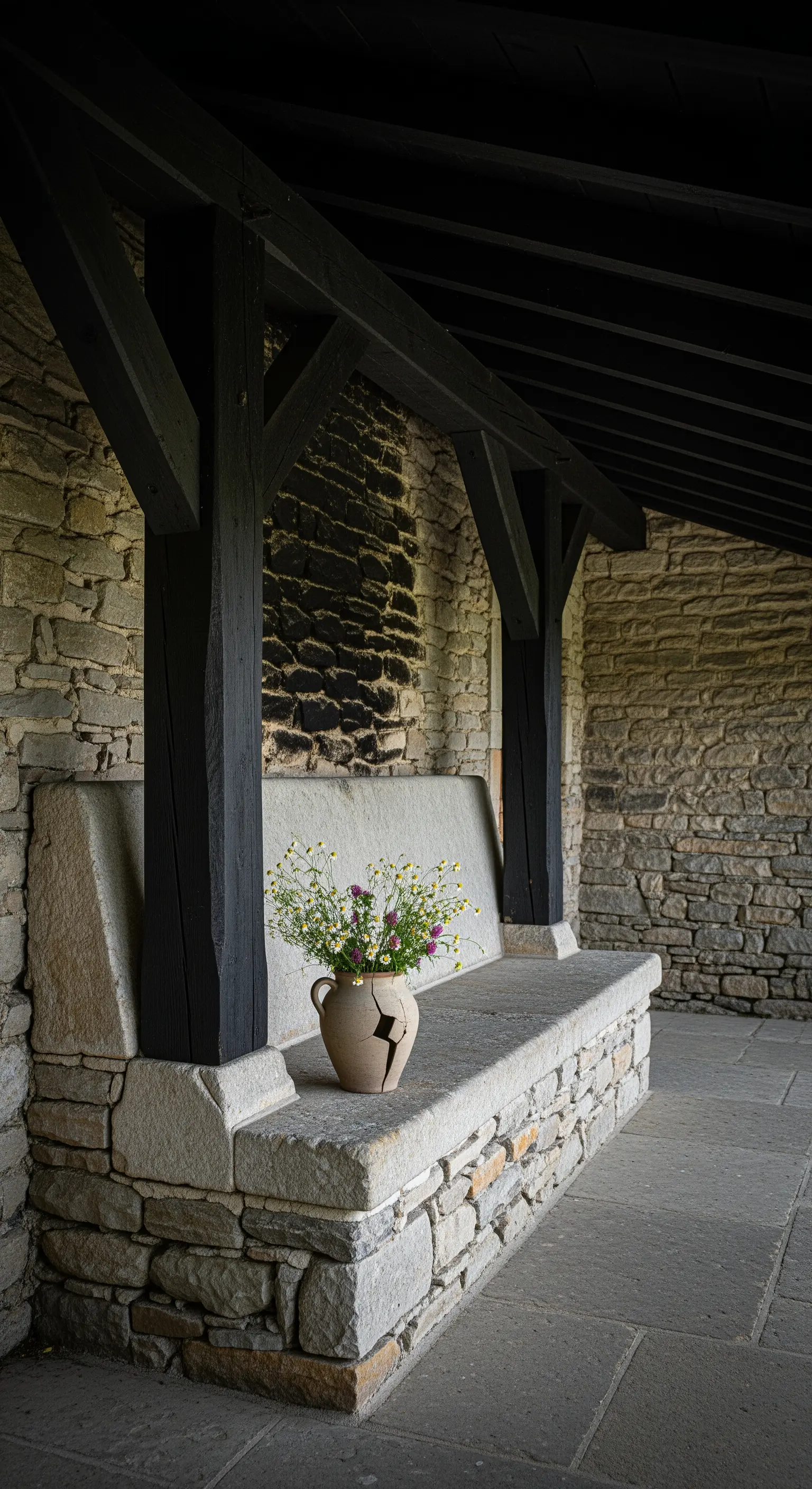 Panca in pietra massiccia integrata in un muretto sotto un portico con travi scure.