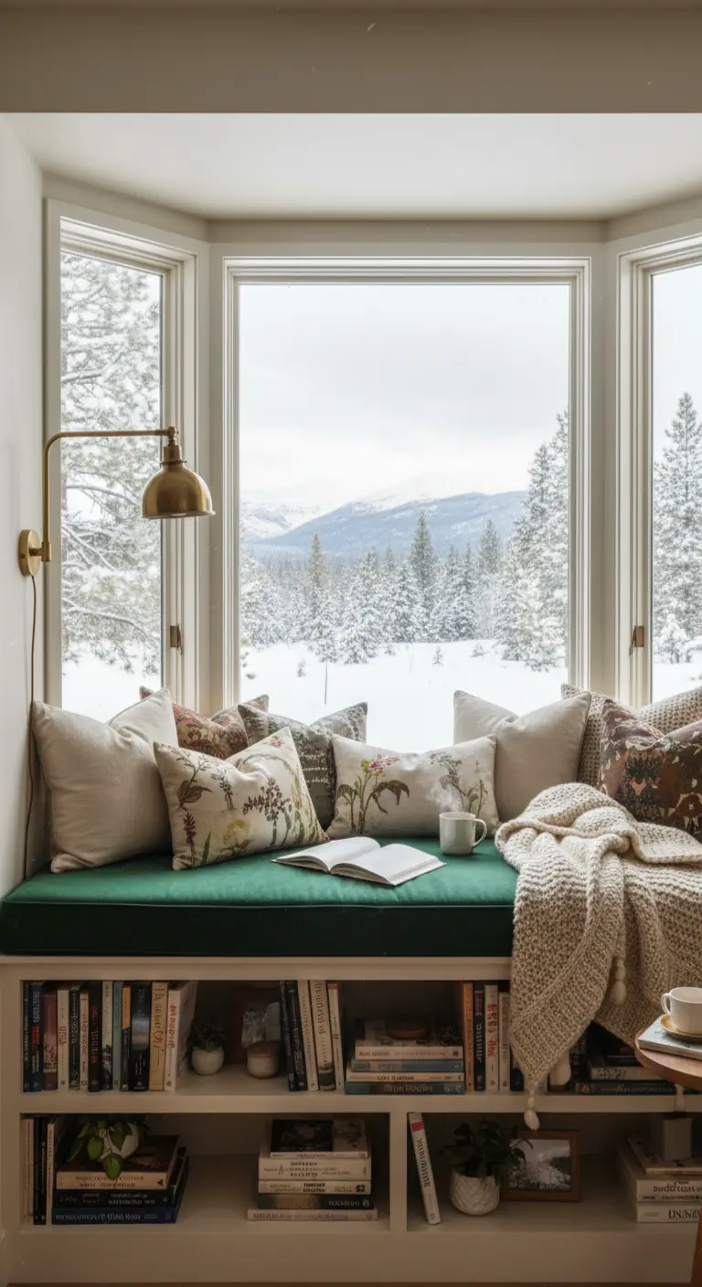 Panca contenitore in velluto verde in una baia finestrata con vista su un paesaggio innevato.