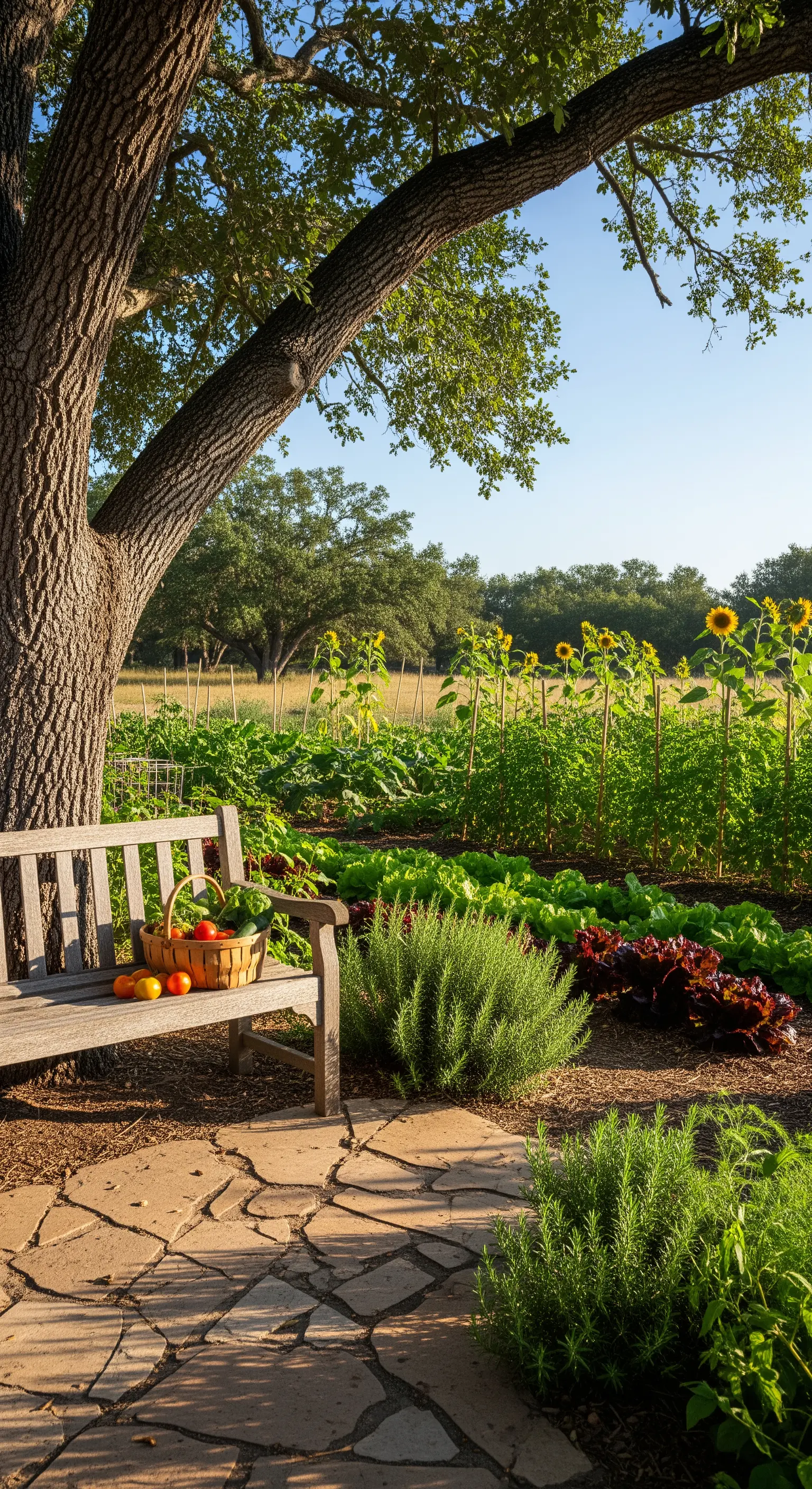Panca in legno ai margini di un orto rigoglioso con girasoli e cesto di verdure.