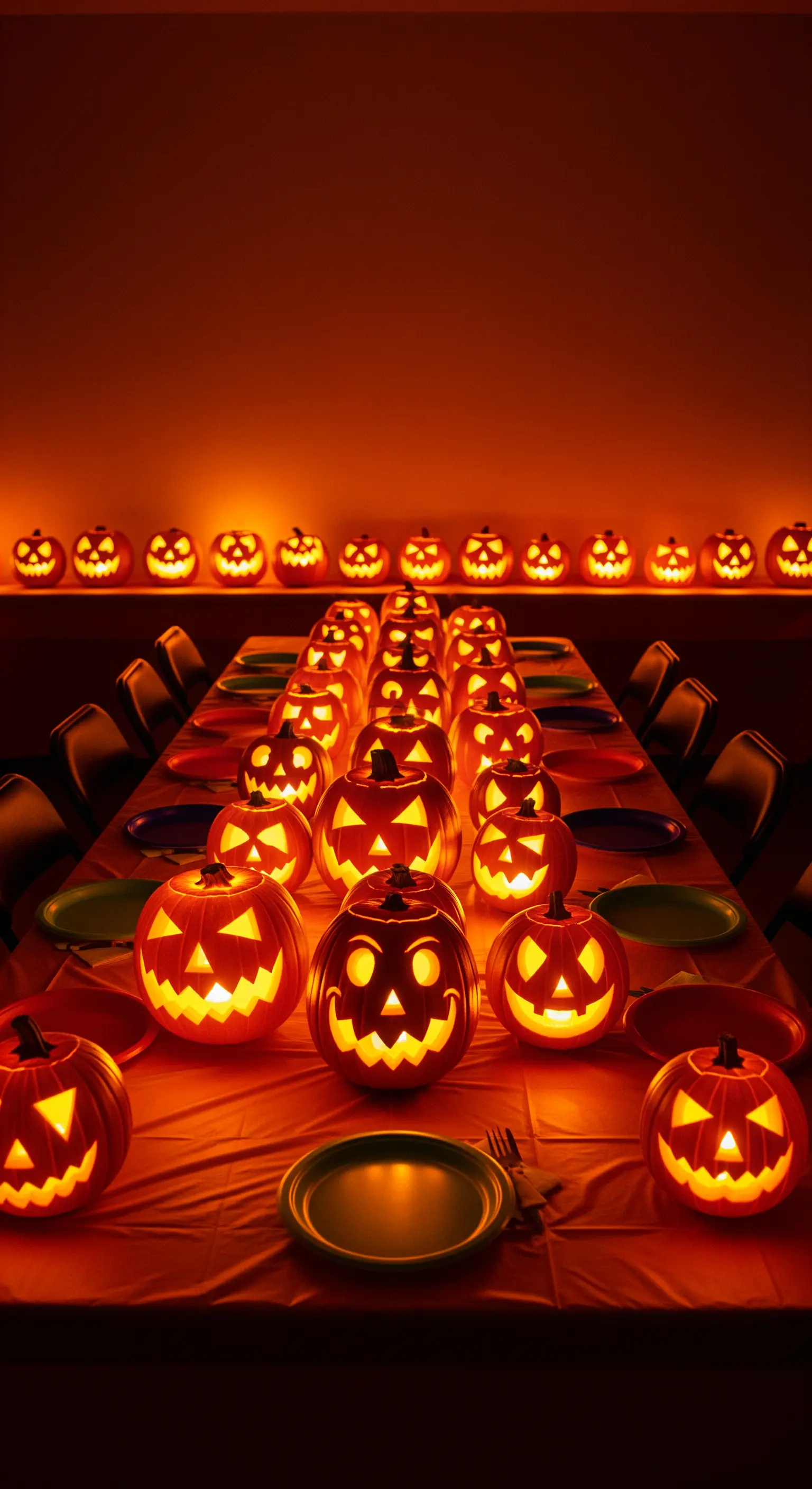 Un lungo tavolo scuro interamente coperto di zucche di Halloween intagliate e illuminate.
