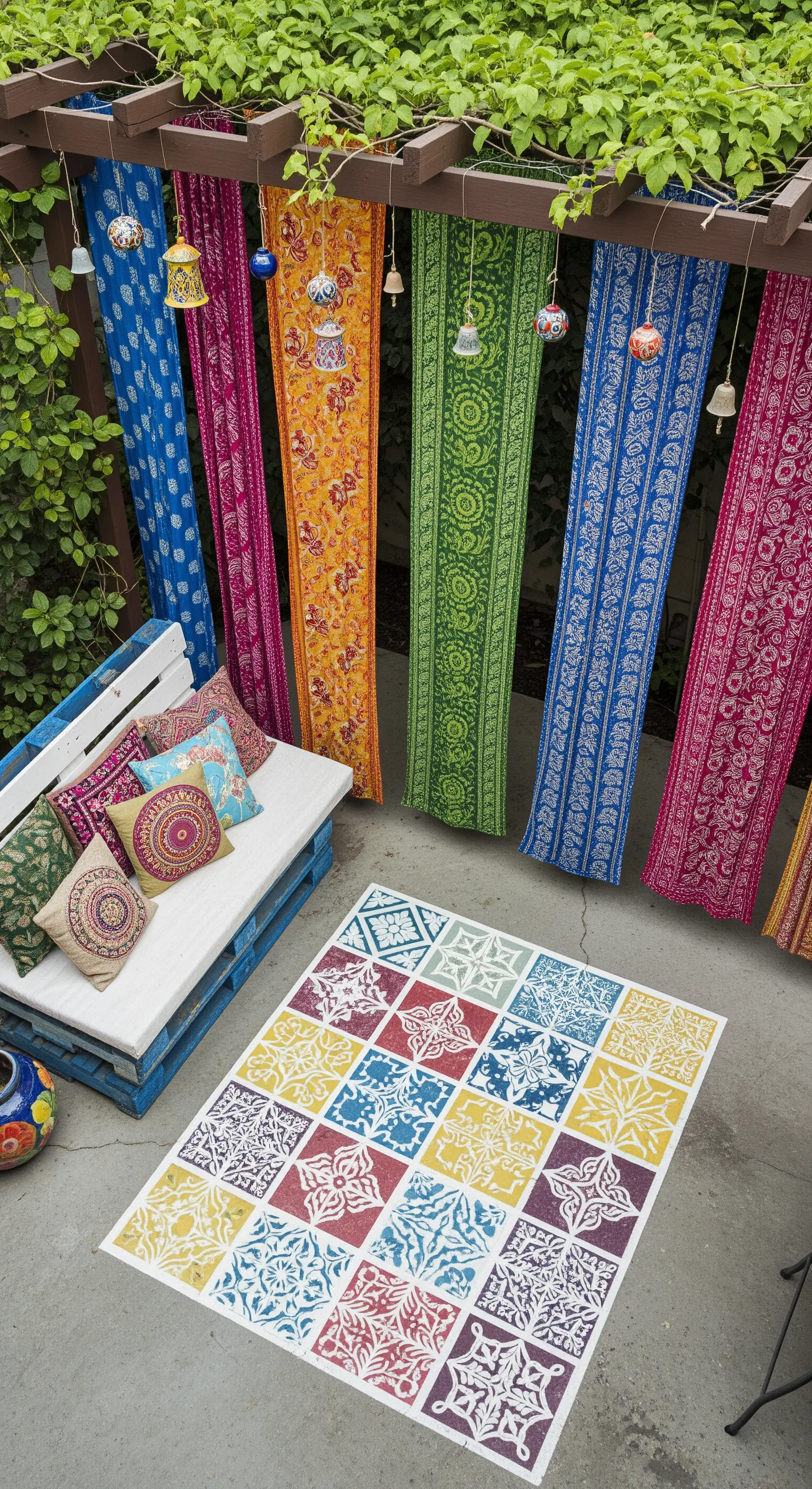 Panca bianca sotto una pergola decorata con runner indiani colorati appesi verticalmente.