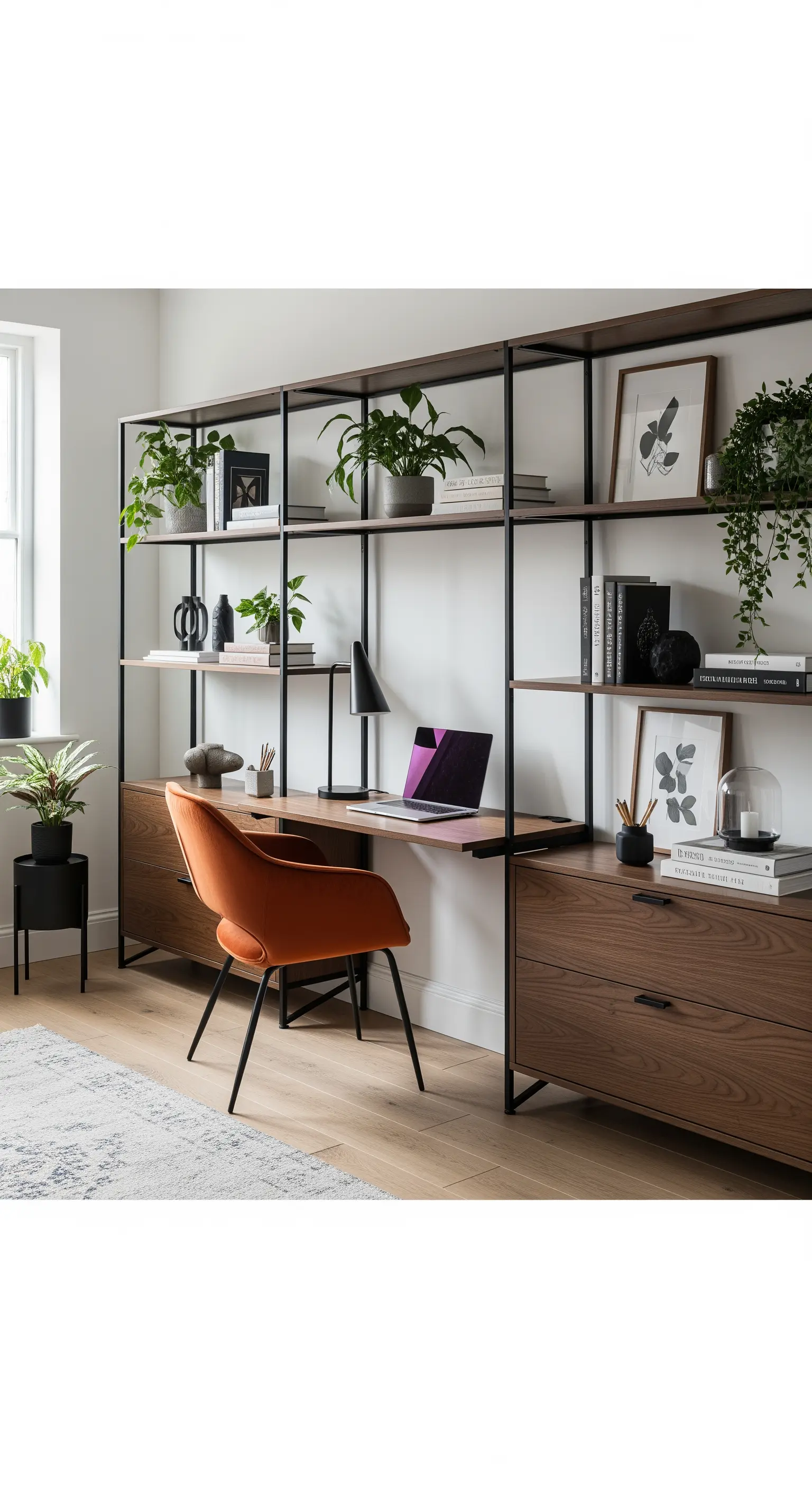 Ampia libreria a parete in metallo nero e legno con scrivania e sedia arancione integrate.