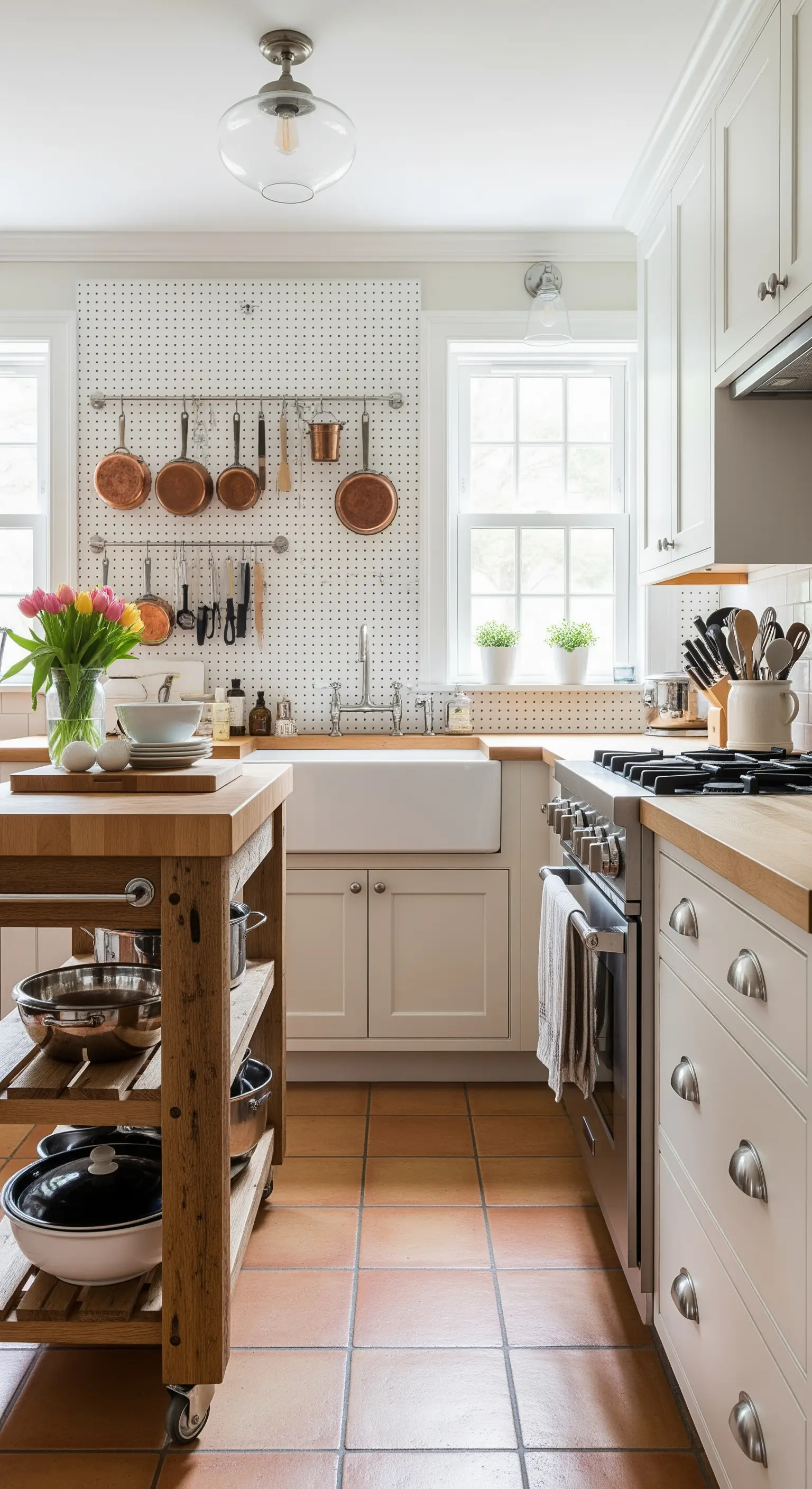 Cucina con parete forata per appendere utensili e isola mobile in legno.