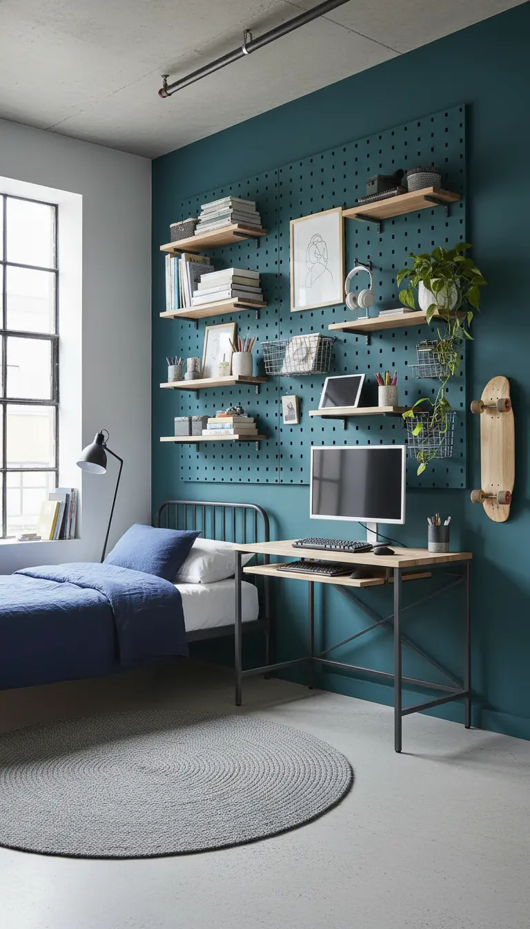 Parete attrezzata blu petrolio con mensole e cestini sopra una scrivania in stile industriale.