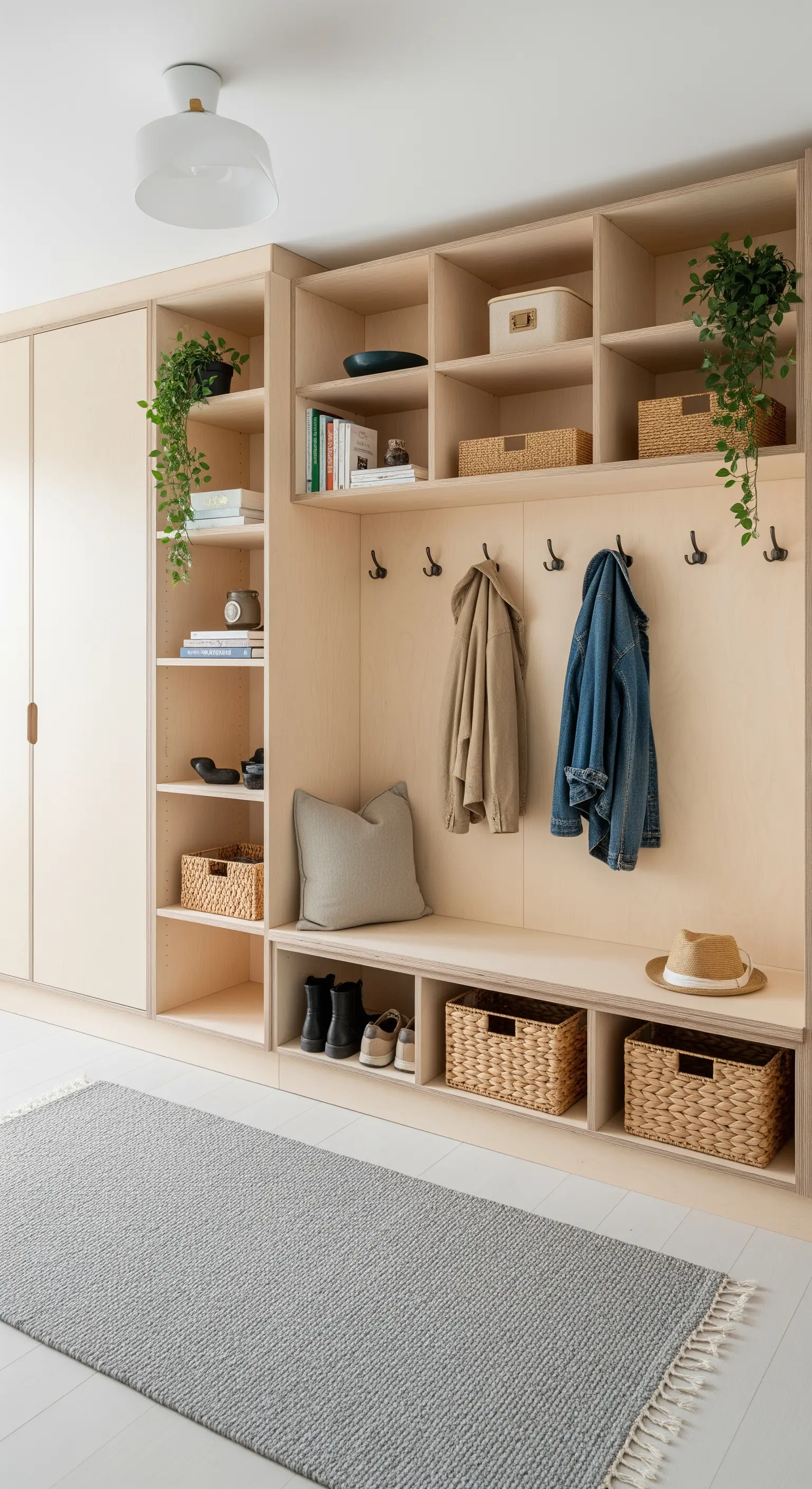 Parete attrezzata su misura in legno chiaro per l'ingresso, con ganci, mensole e seduta.