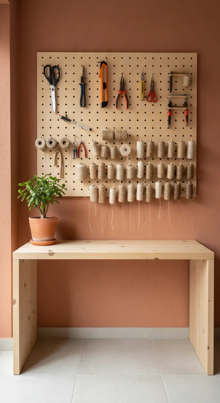 Banco da lavoro in legno con un pannello forato attrezzato con spaghi e attrezzi da lavoro.