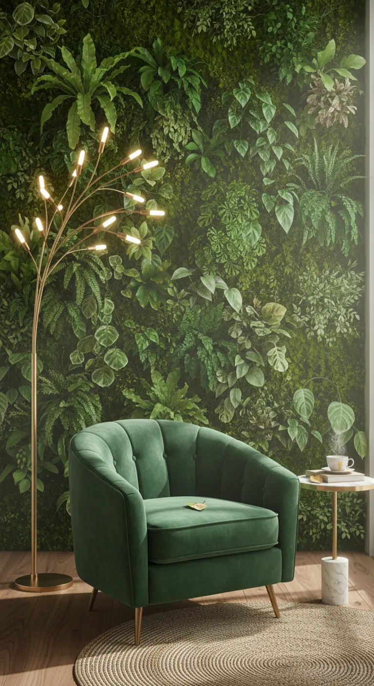 Poltrona in velluto verde di fronte a una parete completamente ricoperta di piante lussureggianti.