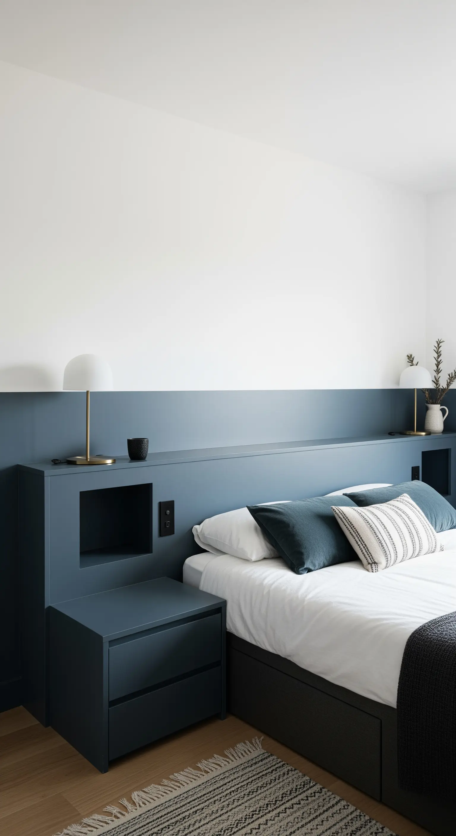 Camera da letto moderna con testiera integrata blu-grigio che continua la pittura della parete.