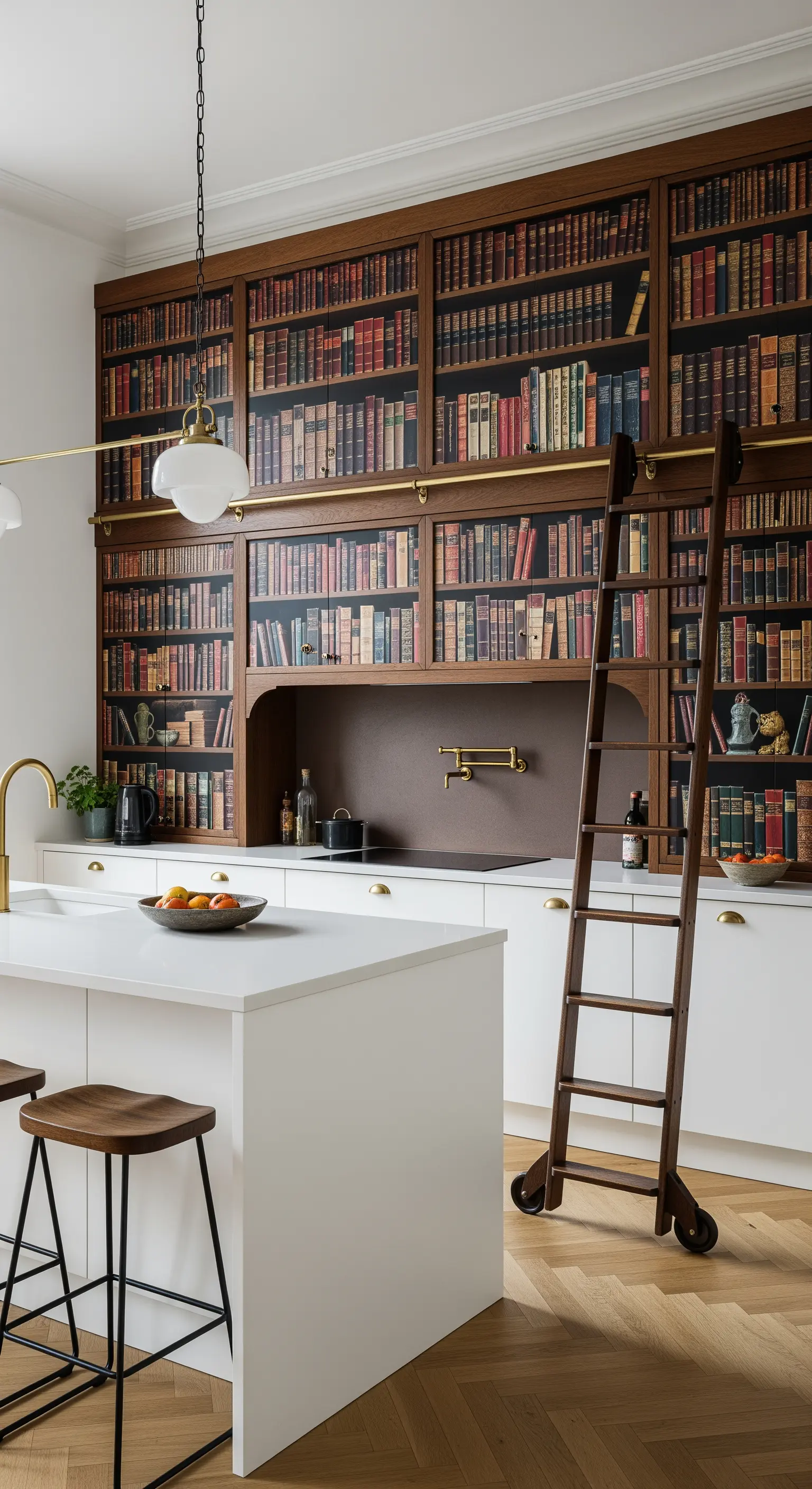 Cucina bianca minimalista con un'intera parete rivestita da carta da parati che raffigura una libreria antica.